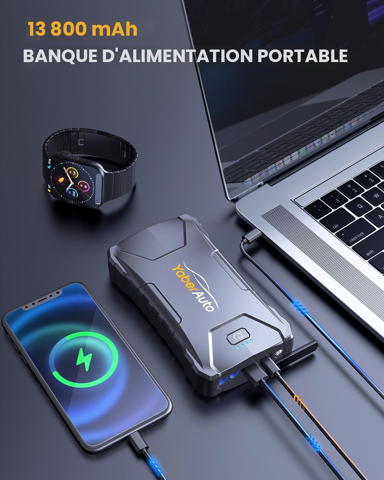 Démarreur De Voiture 7200A Avec Pompe à Air - Gonfleur Pneu 150 PSI - Batterie Portable 12V