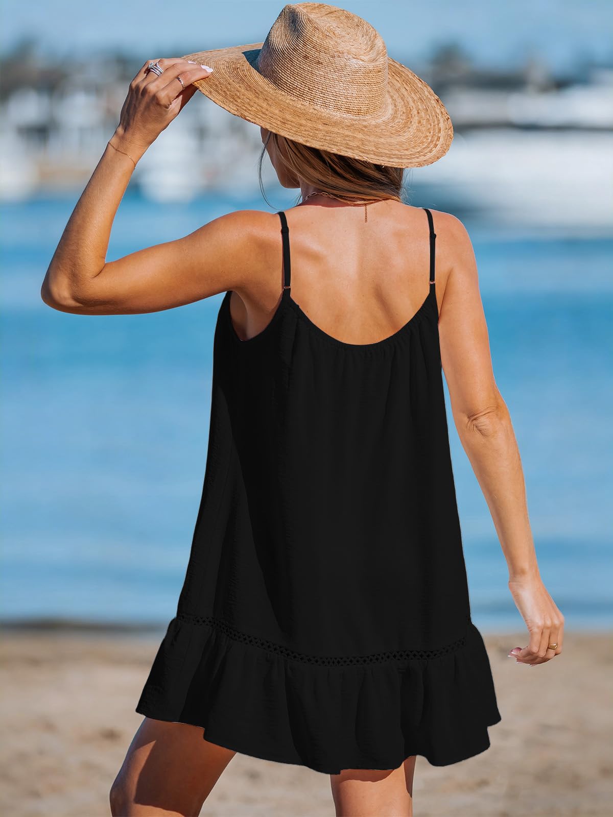 Vestido Verano Mujer Sin Mangas Vestido de Playa de Moda Corto con Tirantes Finos y Aberturas Cover Ups Mini Vestido Elegante Talla Única