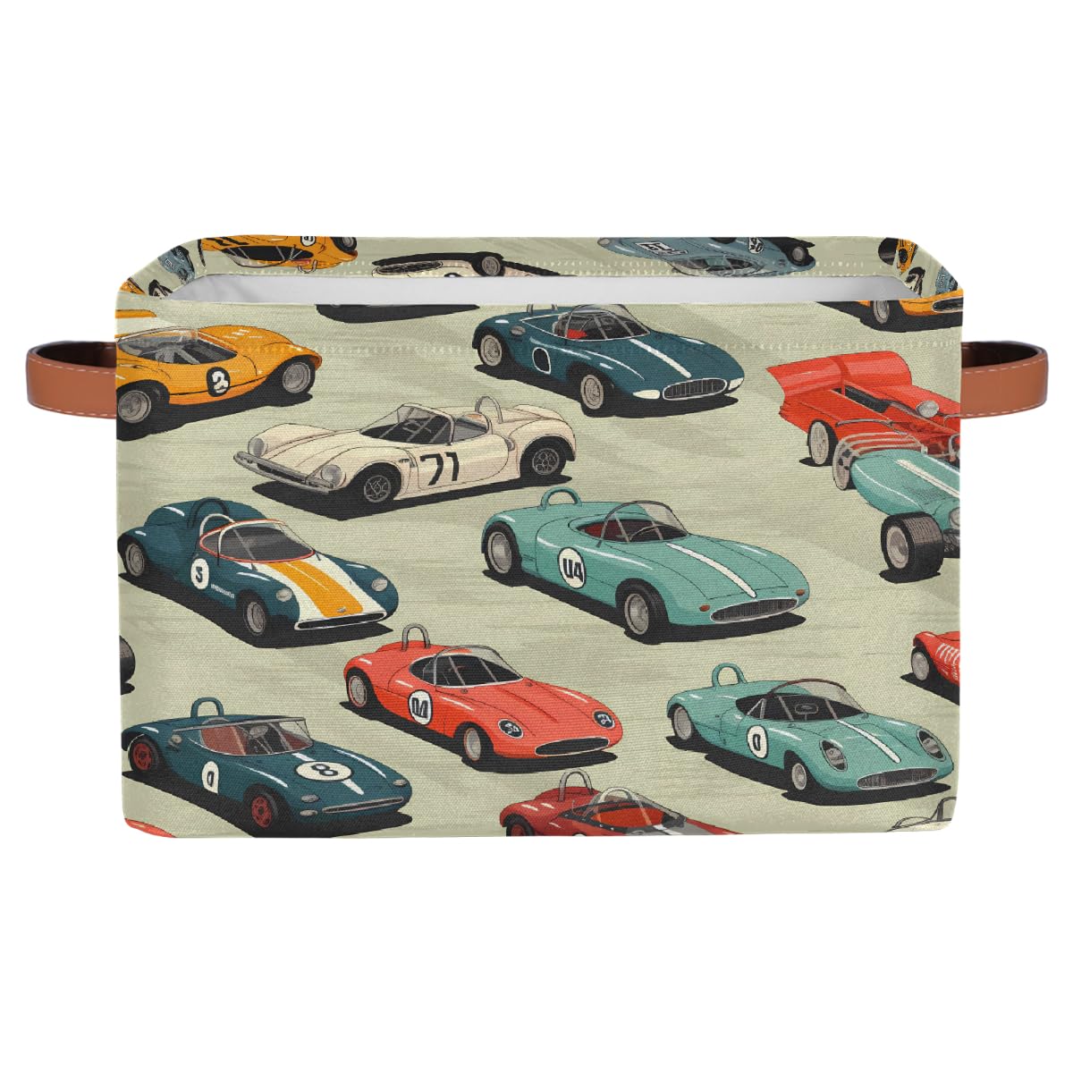 Dusviba Cartoon Race Car Pattern Fabric Storage Basket with Leather Handles, Foldable Storage Bin with Lids for Clothes Toys Laundry, Large Lightweight Spacious Organizer 38x28x24.6 CM