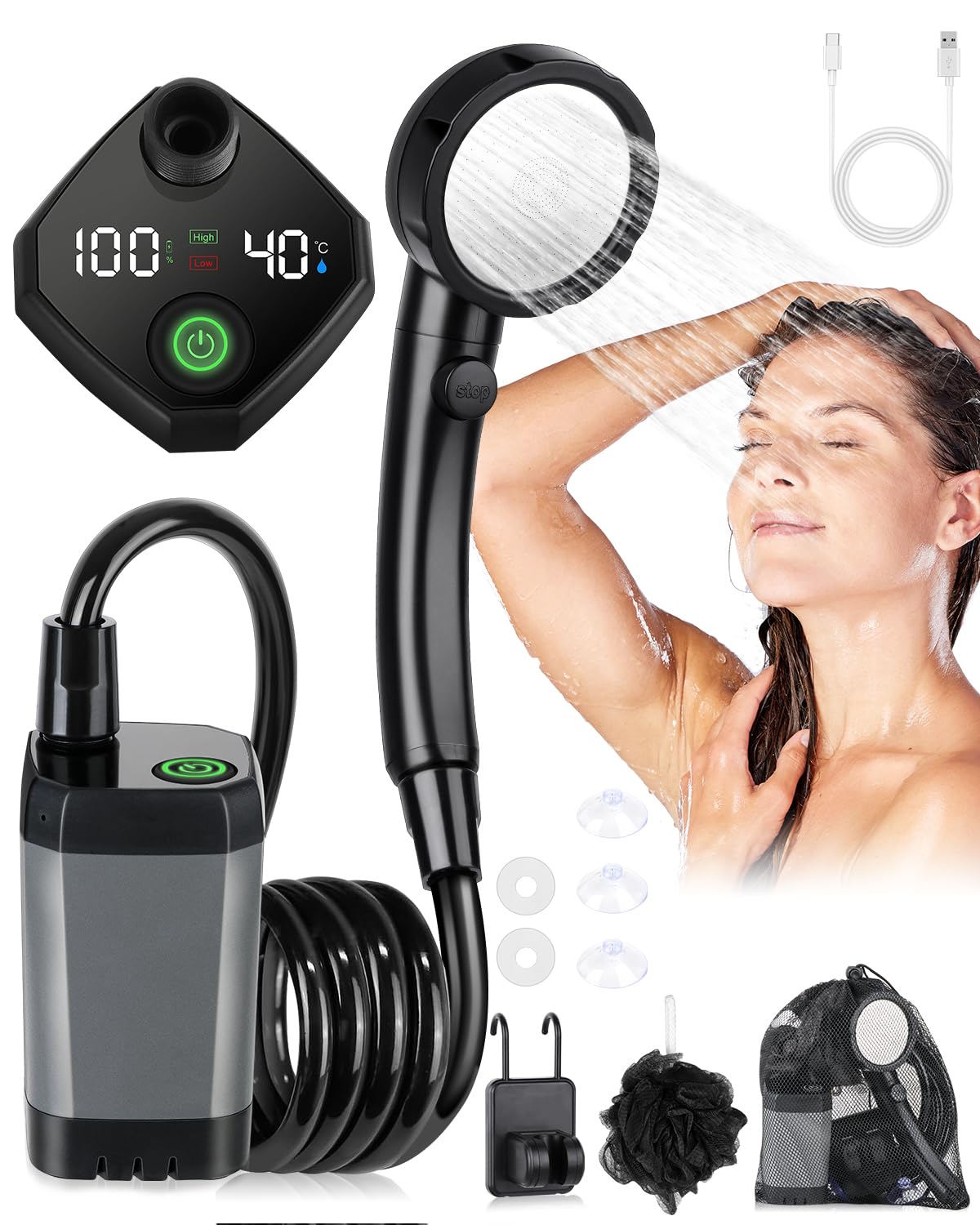 Portable Shower, Camping Shower Pump with Rechargeable 6000mAh Battery and Sinking Bottom Design, Outdoor Shower IPX7 Waterproof with Temperature Display for Camp, Car Washing, Pet Bath (Grey)