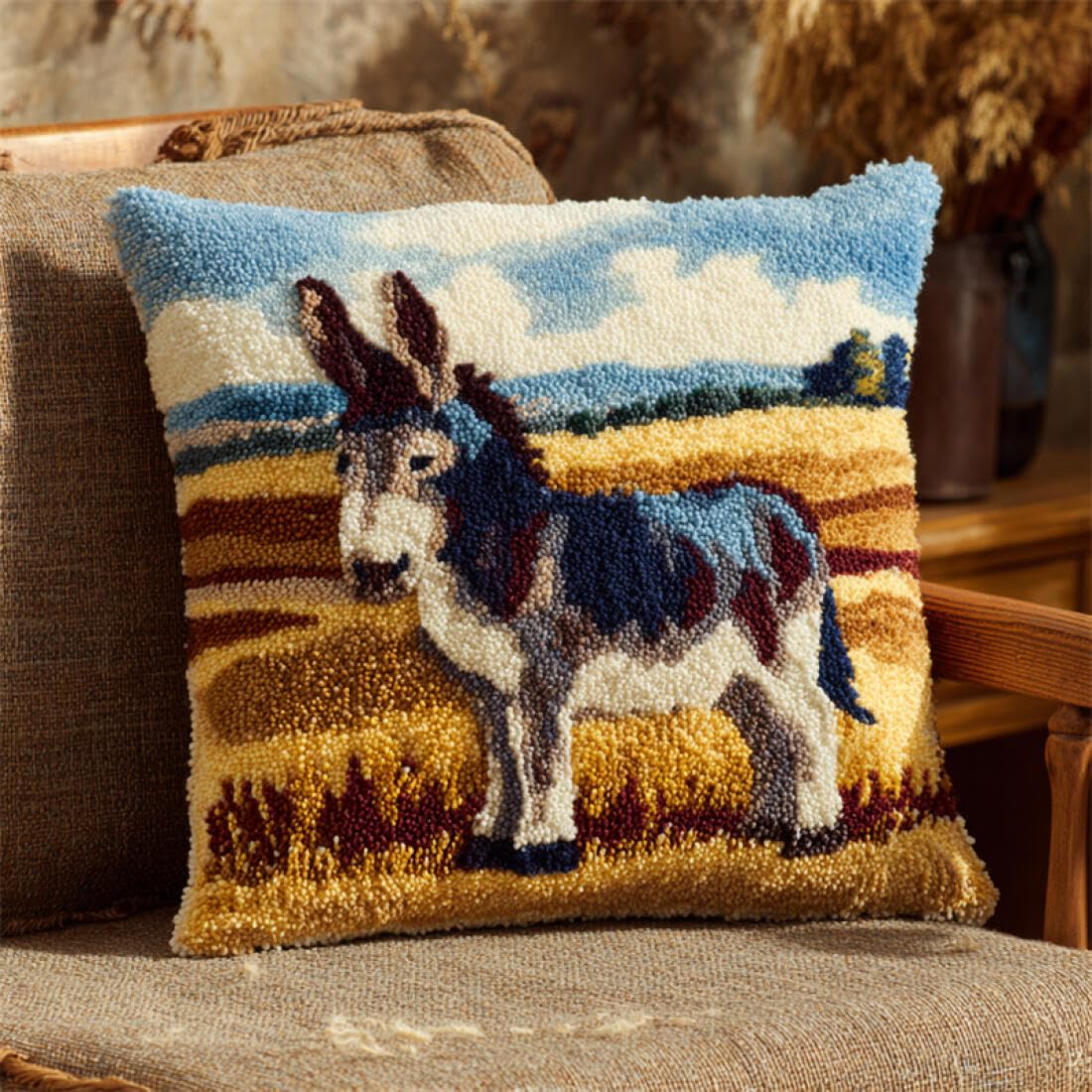 Kitquiver Animal Latch Hook Craft Kits Cartoon Donkey DIY Latch Hook Rug Kit for Beginners Embroidery Cushion Canvasfor Adult Beginners 17x17In