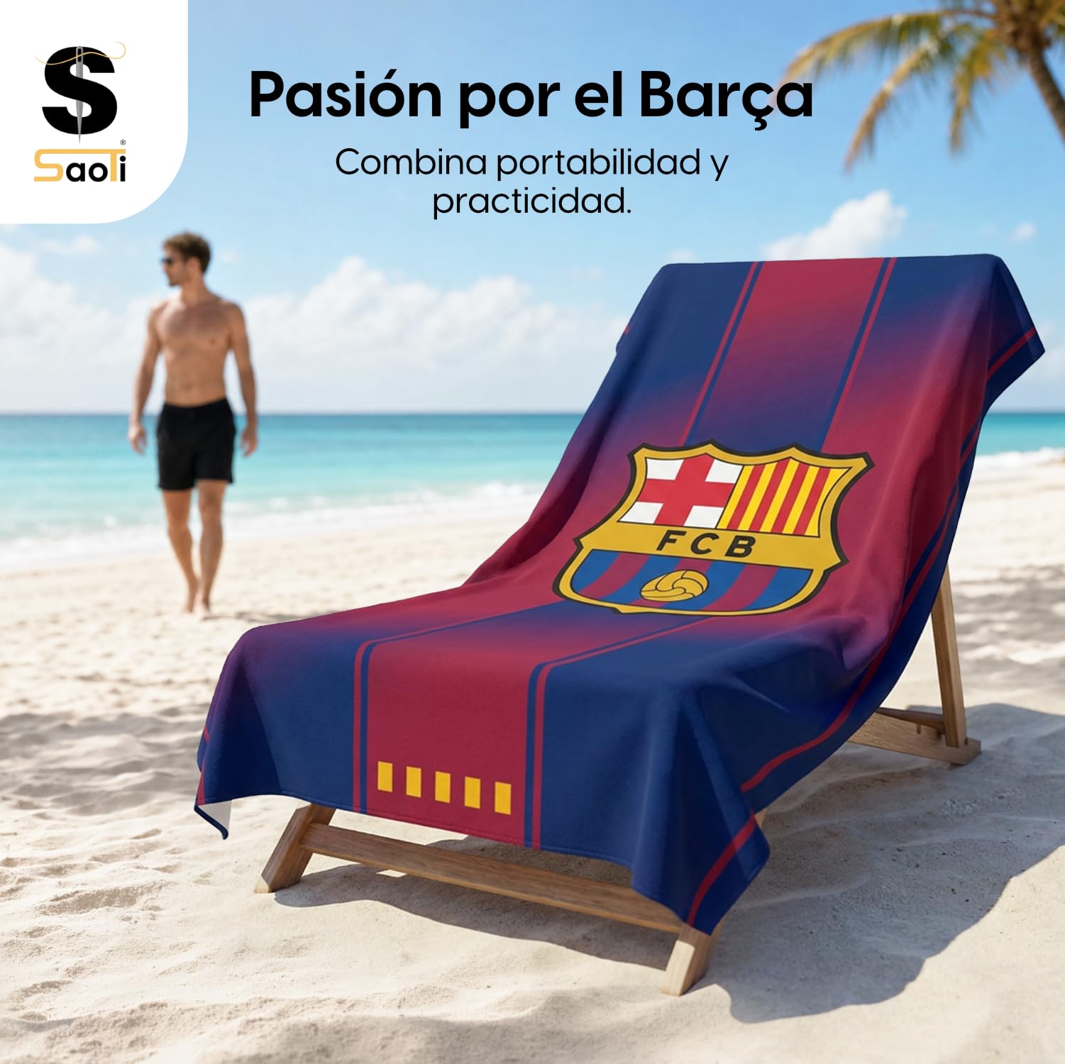 SaoTi Asciugamano da bagno grande in microfibra, ad asciugatura rapida, leggero, motivo calcio, blu, ideale per palestra, piscina, viaggio, regalo (stile maglietta Culé, 140 x 70 cm)