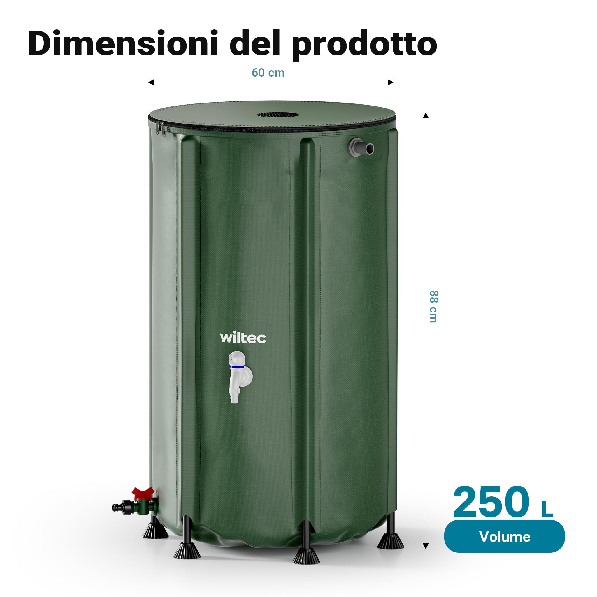 Wiltec Serbatoio acqua piovana pieghevole da 250 l, con coperchio e rubinetto, contenitore raccolta acqua piovana in PVC da 620 g/m² con attacco per tubo