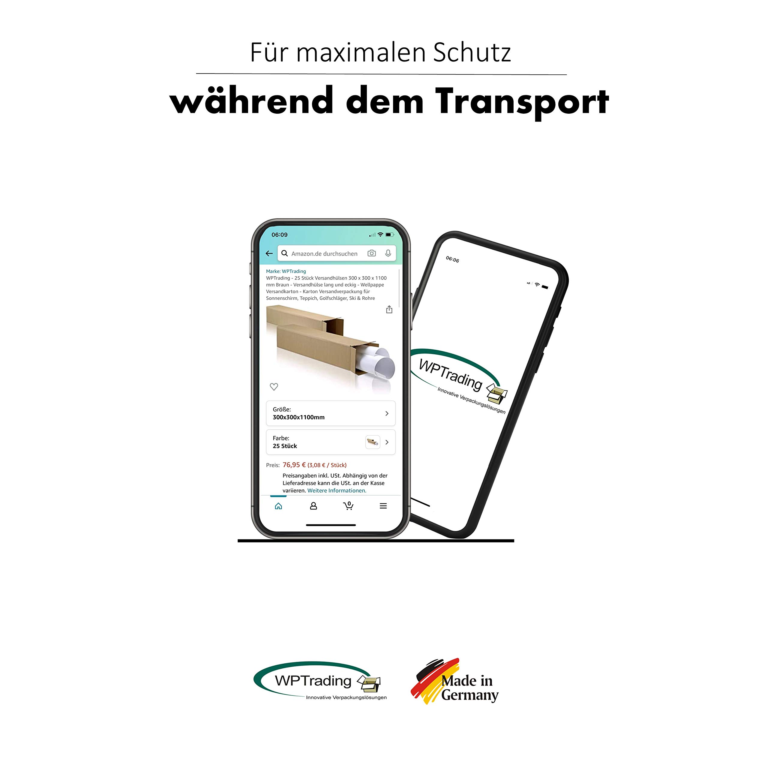 25 Stück Versandhülsen 300 x 300 x 1100 mm Braun - Versandhülse lang und eckig - 1-welliger Versandkarton - Karton Versandverpackung für Sonnenschirm, Teppich, Golfschläger, Ski & Rohre