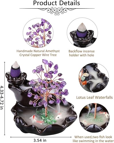 Miniatura 6 de Jovivi Soporte de incienso de reflujo con árbol de cristal de amatista, quemador de incienso en cascada, juego de soporte de incienso de cerámica de