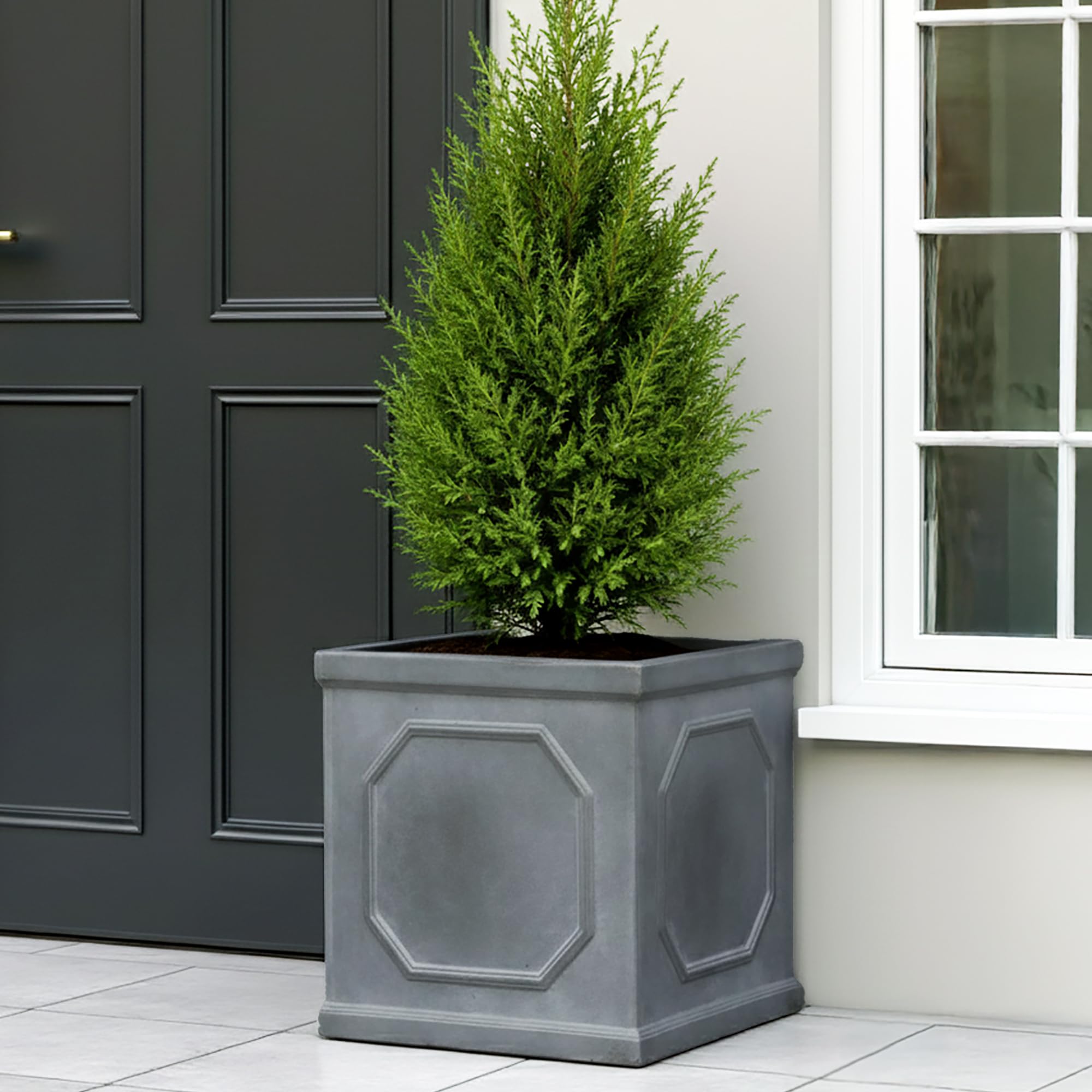 IDEALIST 55cm Chelsea Box Planter for Trees | Faux Lead Large Square Plant Pot | Leaden Grey Reinforced Stone Garden Planter with Drainage Holes L55 W55 H55 cm, 166 litres
