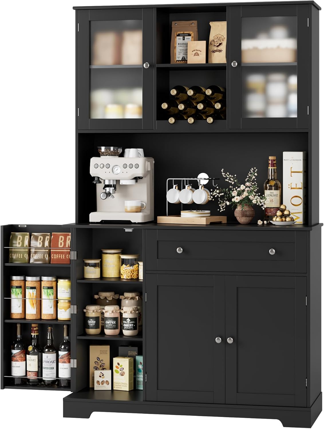 (Similar item) HOSTACK Kitchen Pantry Storage Cabinet with Hutch, Tall Kitchen Hutch with Microwave Stand, Food Pantry Cabinet with Doors and Shelves | Wine Rack for Dining Room, Black