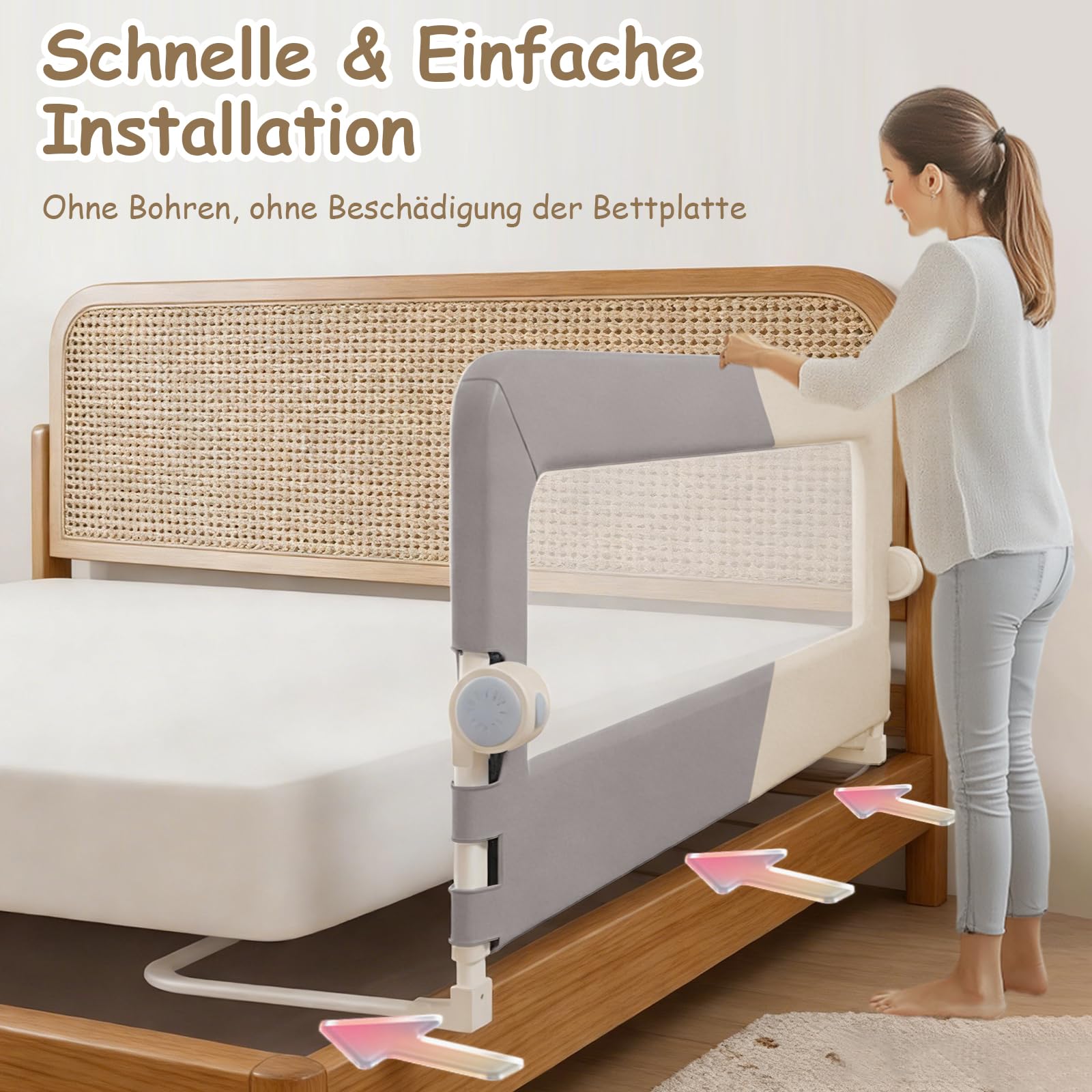 200cm Rausfallschutz Bett, Höhenverstellbar Bettschutzgitter Baby | Rausfallschutz Boxspringbett, Bettgitter Klappbar, Bett Rausfallschutz für Baby und Kinder, Schnelle Montage