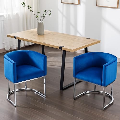 Miniatura 1 de Juego de 2 sillas de comedor tapizadas de terciopelo azul, sillas de comedor modernas de mediados de siglo, sillas de barril con marco de metal
