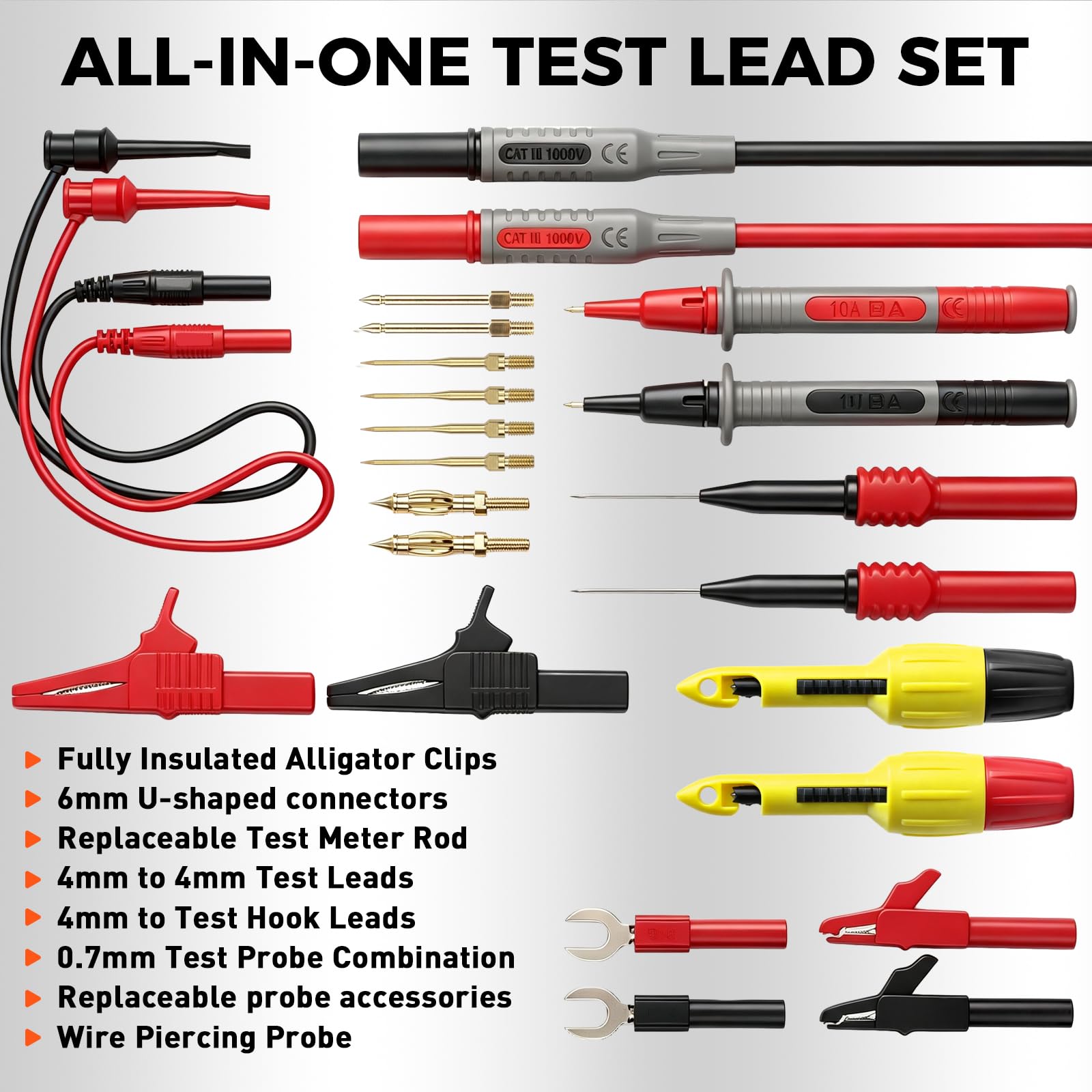 29-Piece Multimeter Test Leads Set, CAT.III 1000V / CAT.IV 600V Multimeter Probes with Alligator Clips, Piercing Probes, Needle Probe, Replaceable Probe Accessories, Soft PVC Volt Meter Lead — Amazon image 7