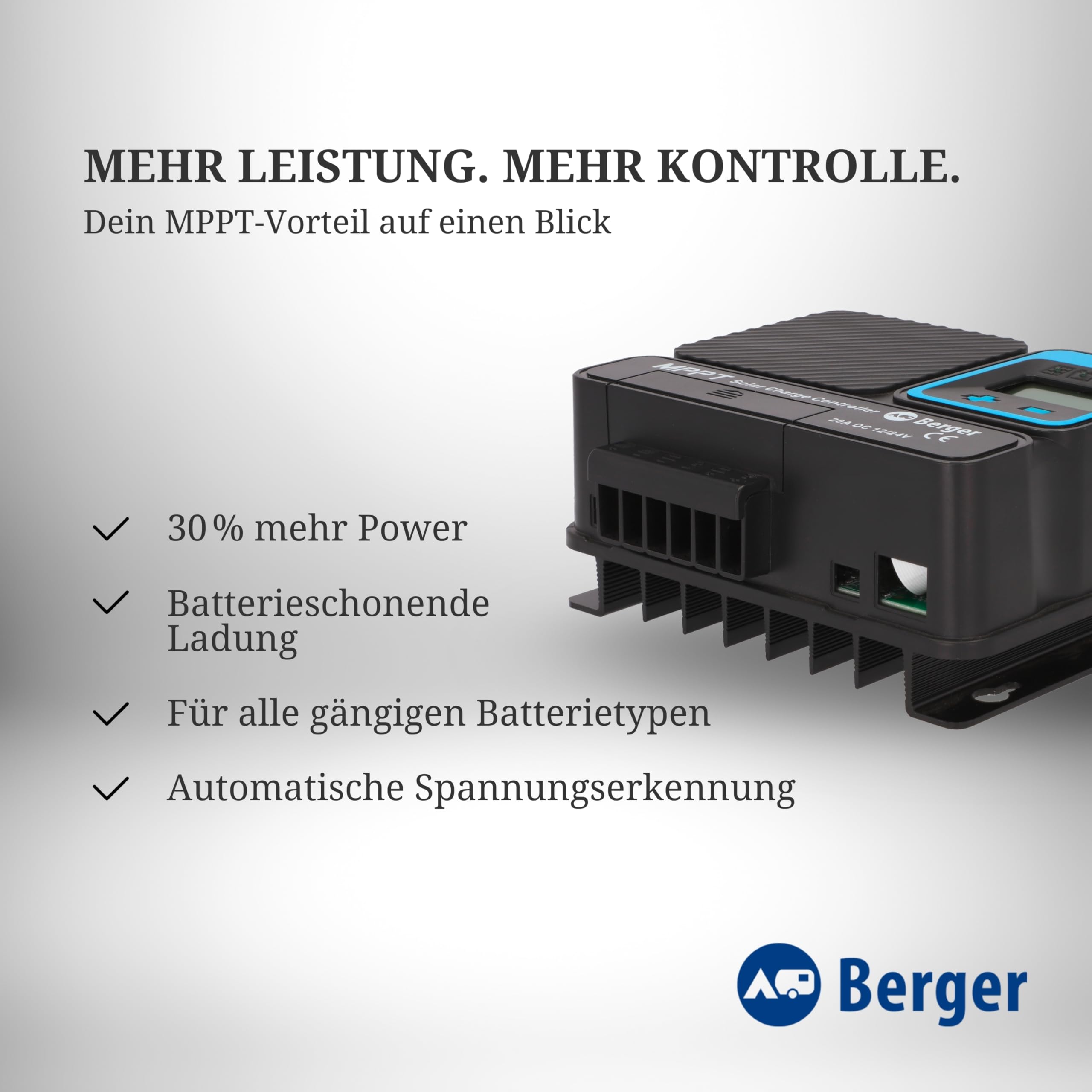 BERGER Komplettanlage Deluxe Solarpanel Set 100 W | Monokristallin mit MPPT-Regler | Solar Panel Camping Komplettset | IP67 | Solaranlage für Wohnmobil & Dauercamper | 400 Wh/Tag | erweiterbar