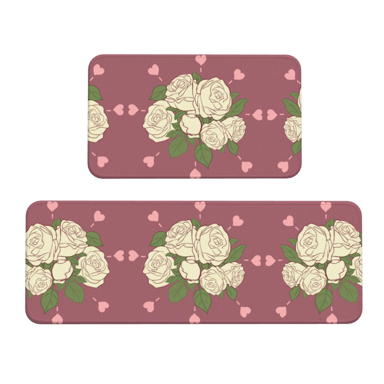 Juego de 2 alfombrillas de cocina con rosas blancas y base antideslizante para entrada