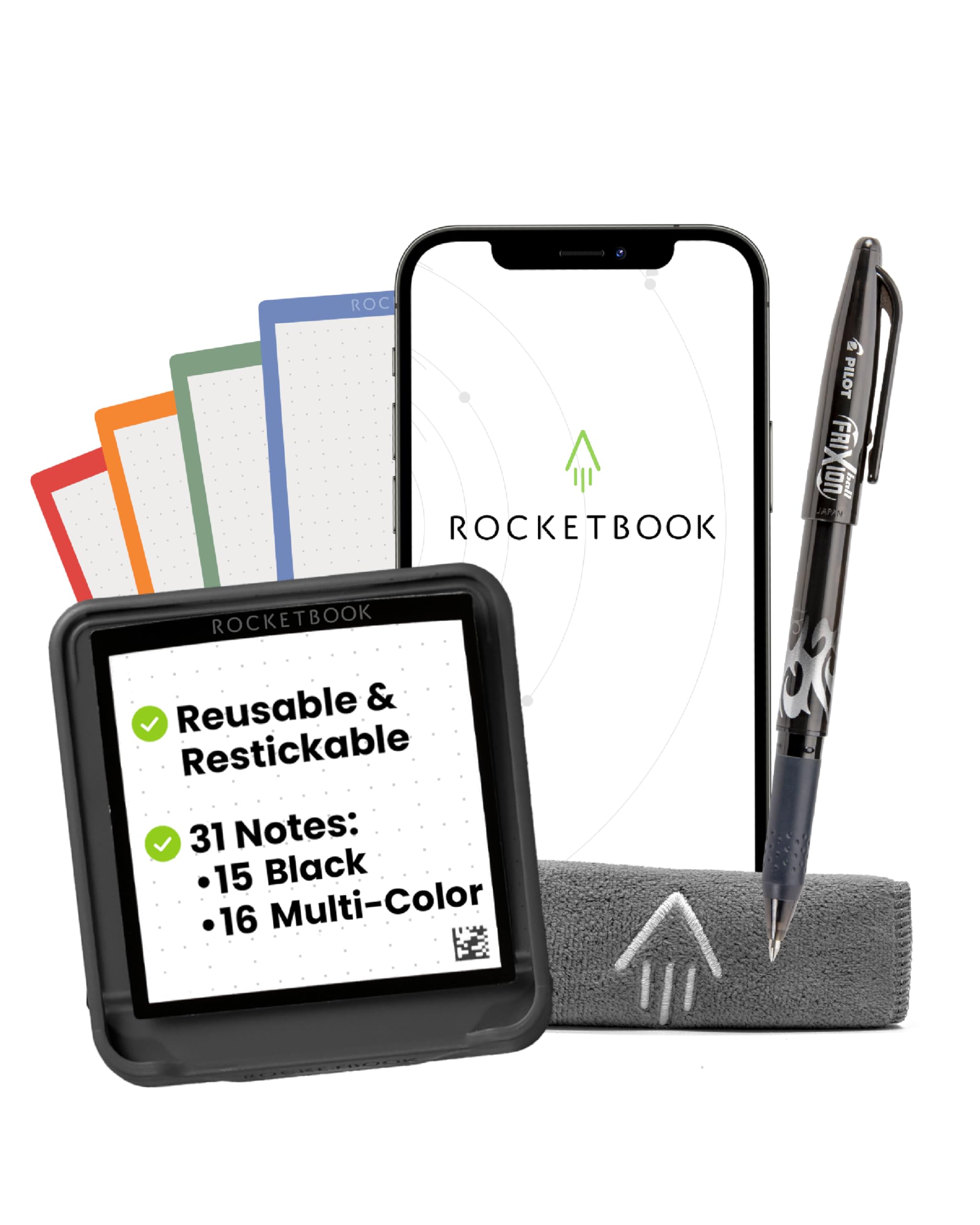 Rocketbook Foglietti adesivi riutilizzabili con custodia, penna e asciugamano inclusi, 7,6 x 7,6 cm, 31 fogli di carta punteggiata, collegati all'app, cancellabili, adesivi riutilizzabili, ideali per