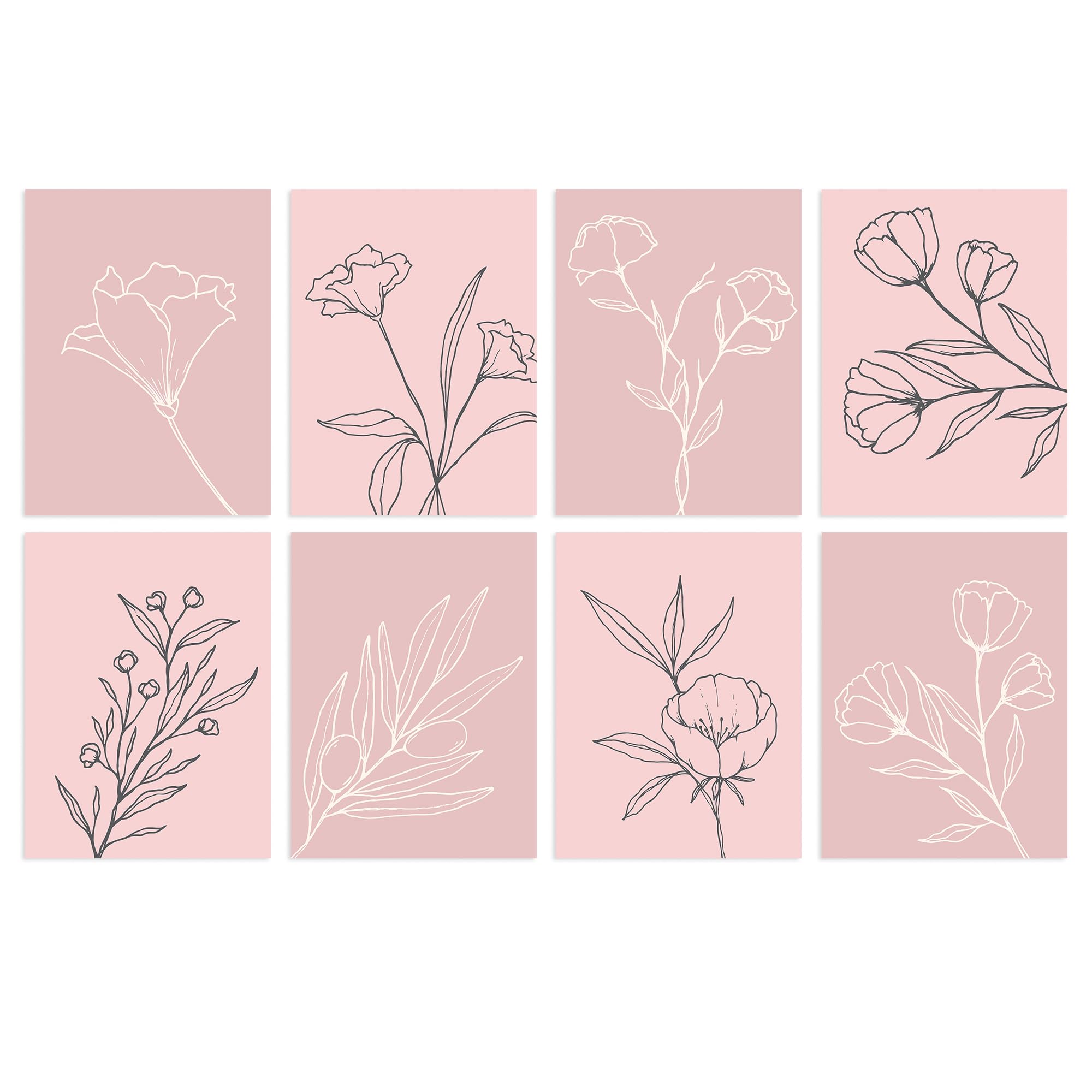 Wee Blue Coo Pack of 8 A4 Pastel Pink Line Art Wildflower Outline Modern Floral Unframed Wall Art Living Room Prints Set