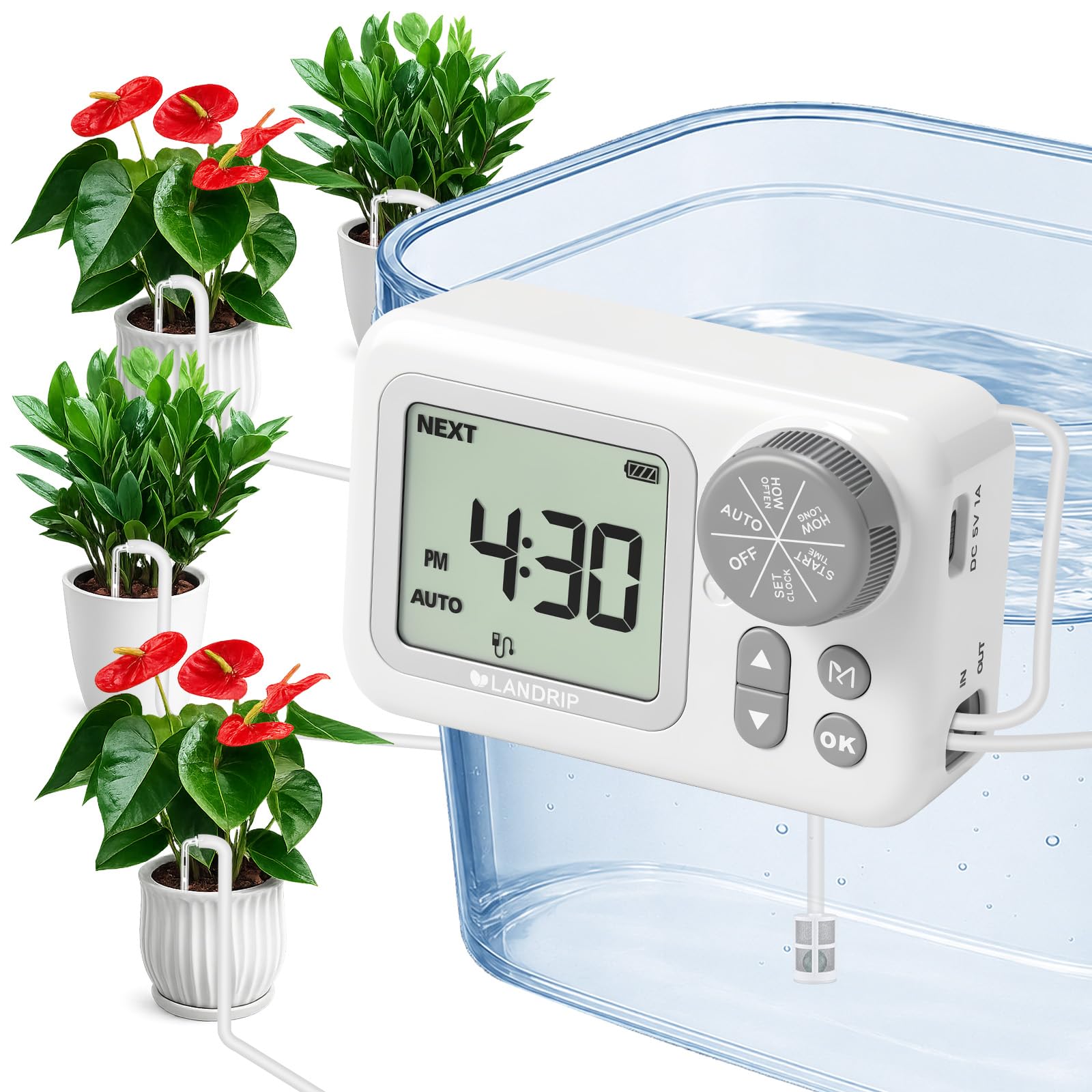 Landrip Sistema de Riego Automático, Riego Automatico Macetas para 15 Plantas en Maceta, Kit de Riego por Goteo Automático Recargable para Plantas de Interior, Balcón, Riego de Vacaciones