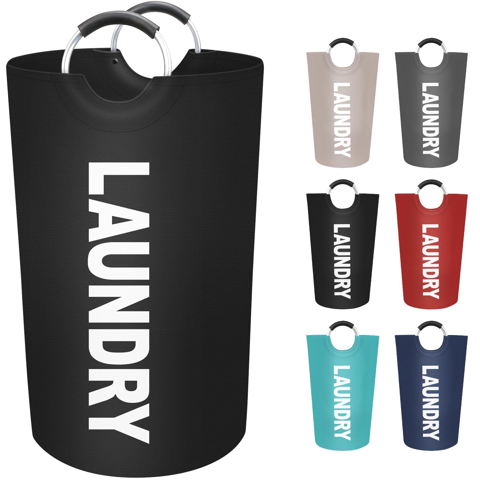 90L Large Laundry Basket, Freestanding Waterproof Laundry Hamper, Collapsible Folding Tall Clothes Hamper, Easy Carry with Foam Protected Aluminum Handles for Dorm, Family, Travel (Black)