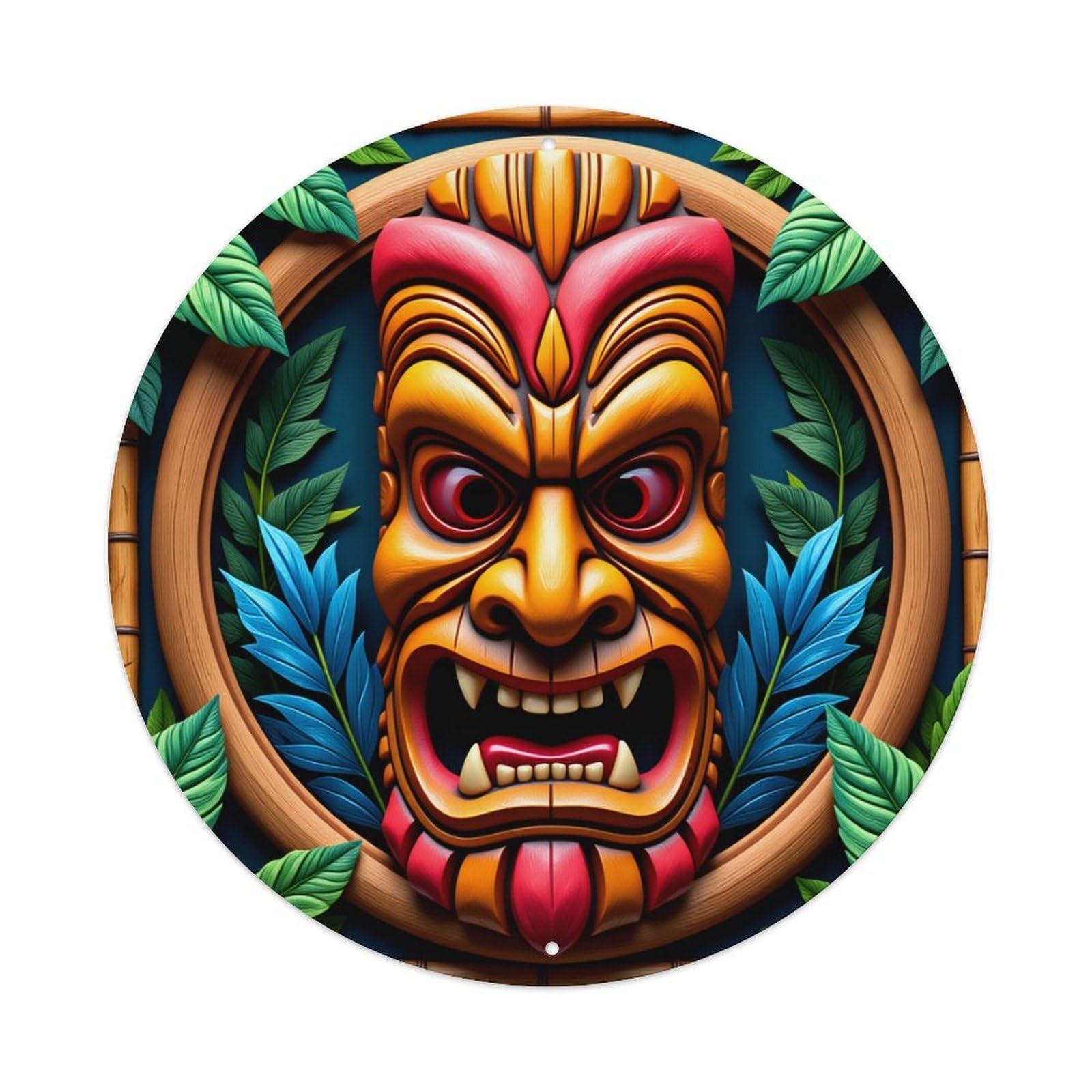 Tiki Mask Jungle Leaves Bamboo Round Tin Sign Retro Metal Sign for Cafe Bar Pub Home Game Room Gym Club Wall Decoration Vintage Metal Poster 8x8 Inch