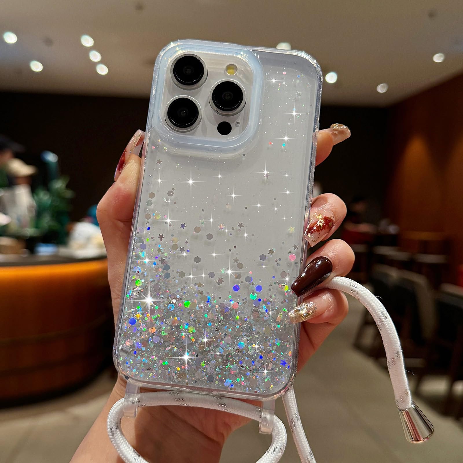 Coque IPhone 16 Avec Cordon Réglable - Paillettes Transparentes - TPU Antichoc - Chaîne Nylon 150 Cm - Rose