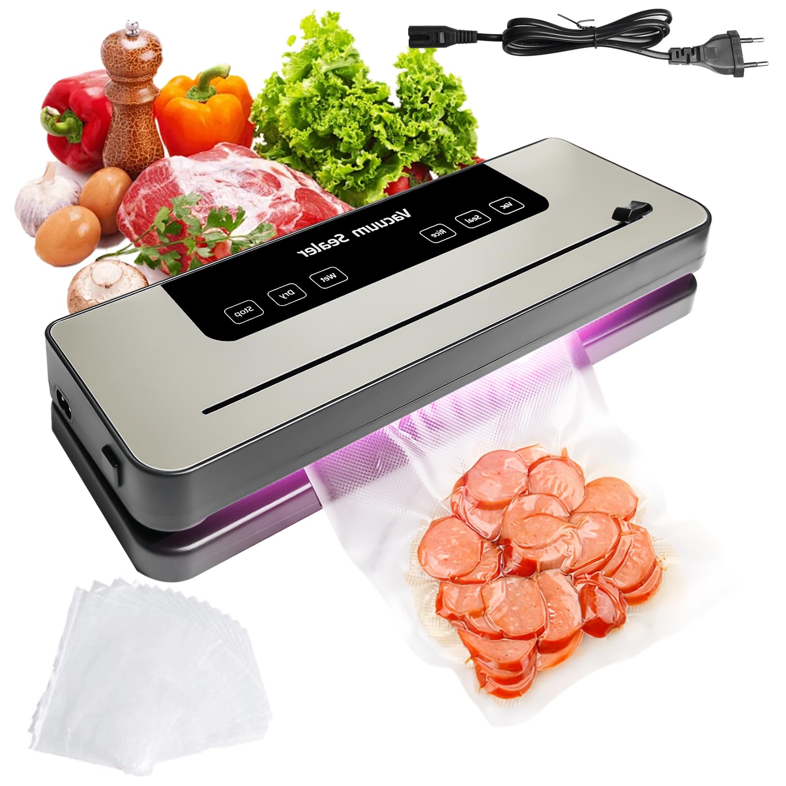 Macchina per sottovuoto automatica, 7 in 1, 120 W, macchina per sottovuoto professionale, con 50 sacchetti sottovuoto, taglierino, conto alla rovescia, modalità asciutto/umido, saldatrice per alimenti