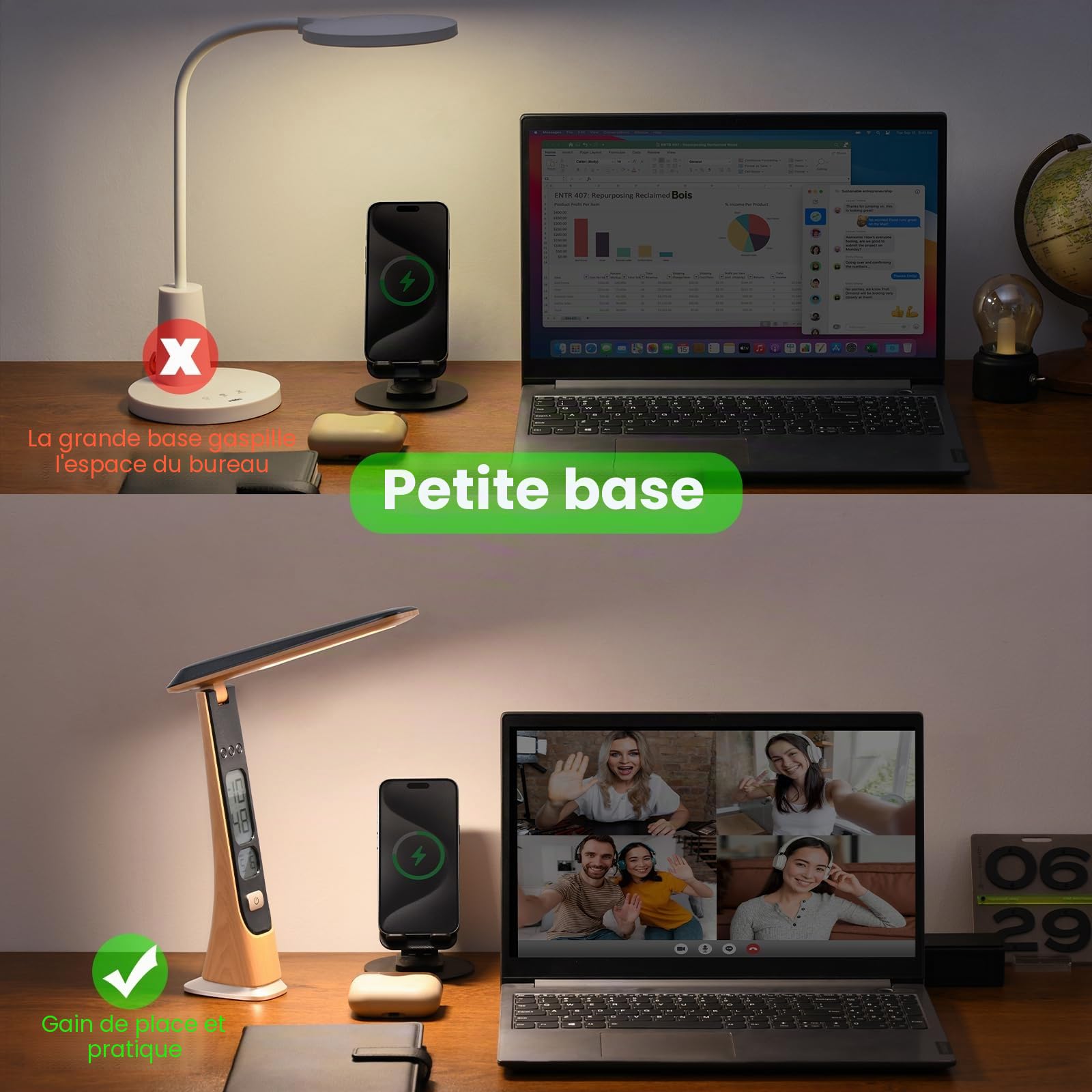 Lampe de bureau LED rechargeable, Lampe de Chevet Tactile à intensité variable avec batterie horloge affichage numérique heure activées par le toucher Portable pour la maison, la lecture,le bureau