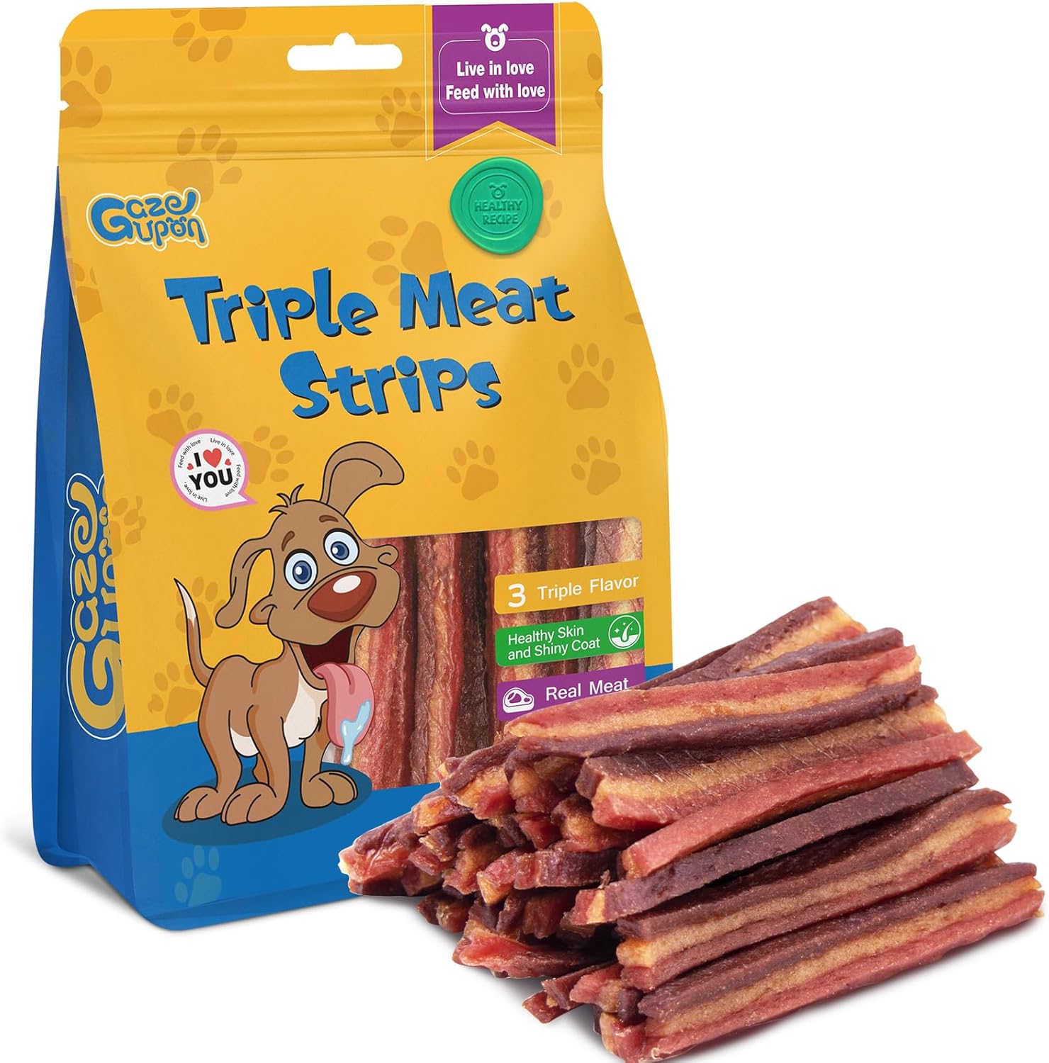 gazeupon Soft Dog Jerky Treats for Large Dogs, Triple Flavored Meat Strips, Healthy Training Snacks Made with Real Chicken, Duck, Beef
