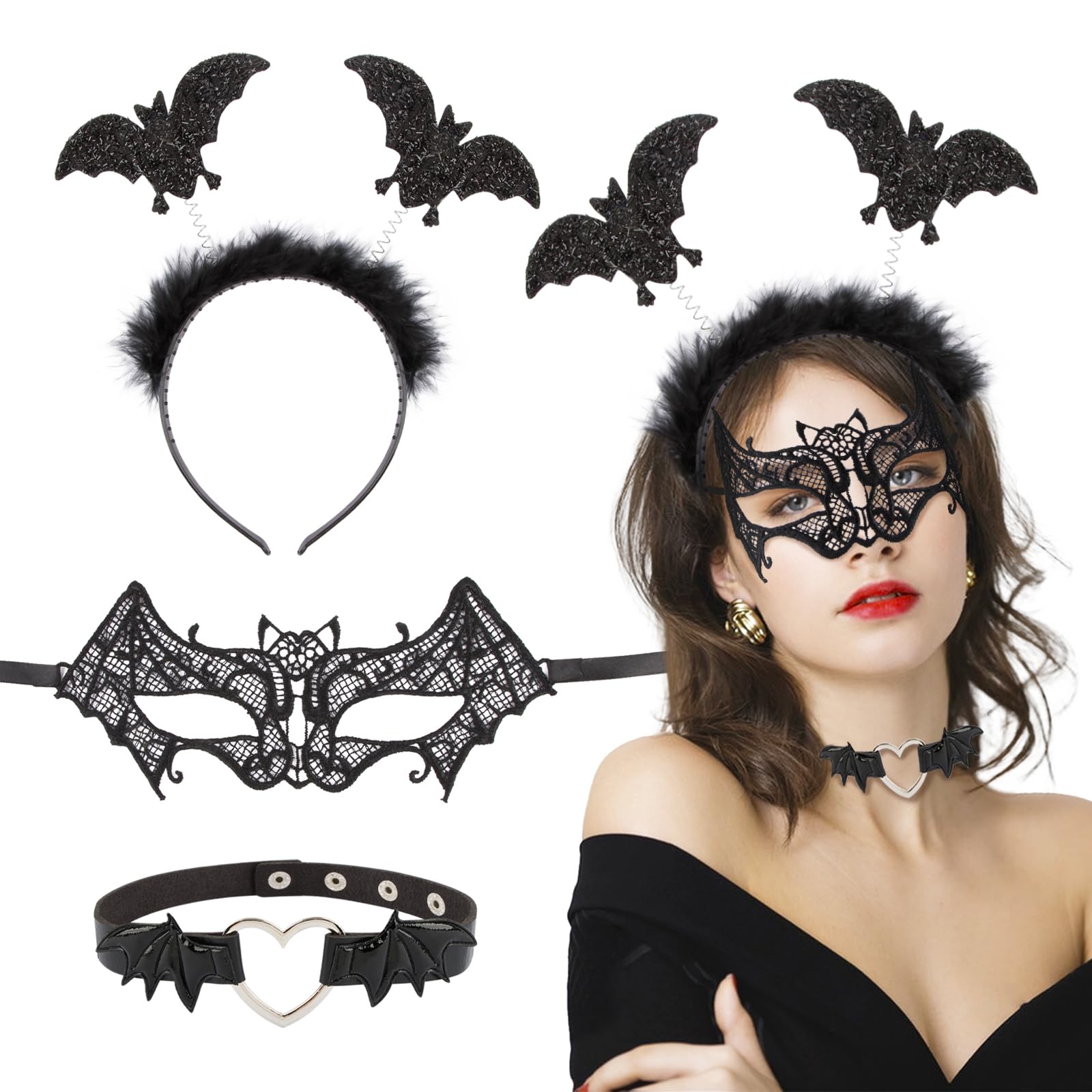 AOVNA 2-teiliges Spitzen-Maskerade-Set: Maske Mit Stab & Katzenohren-Stirnband – Perfekt Für Halloween, Cosplay & Partys