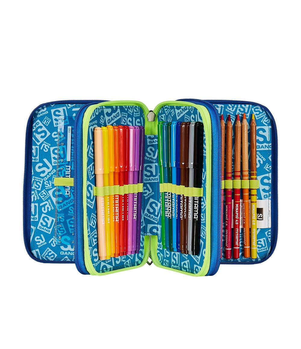 SJ GANG STYLE JAM GANG Astuccio Scuola 3 Zip, Blu, Cuccioli di SJ, Portapenne Triplo Scomparto Completo Di Penne, Matite, Colori, Accessori Zaino, Elementari, Medie, Bambino