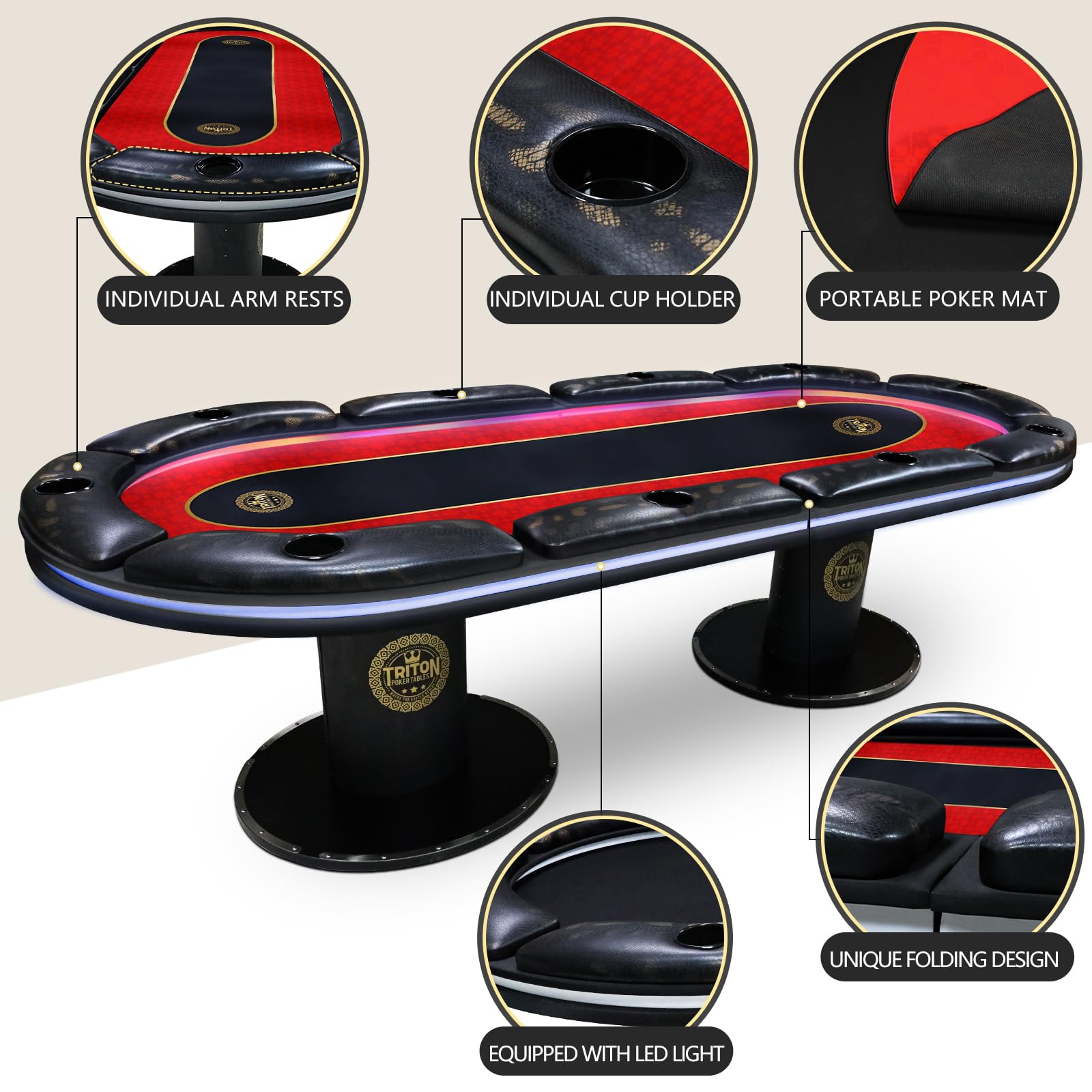 Triton Foldable 10 Player Poker Table with LED Lights – Foldable Casino Table with Cushioned Armrests, and Cup Holders – Signature Red Poker Table for Home