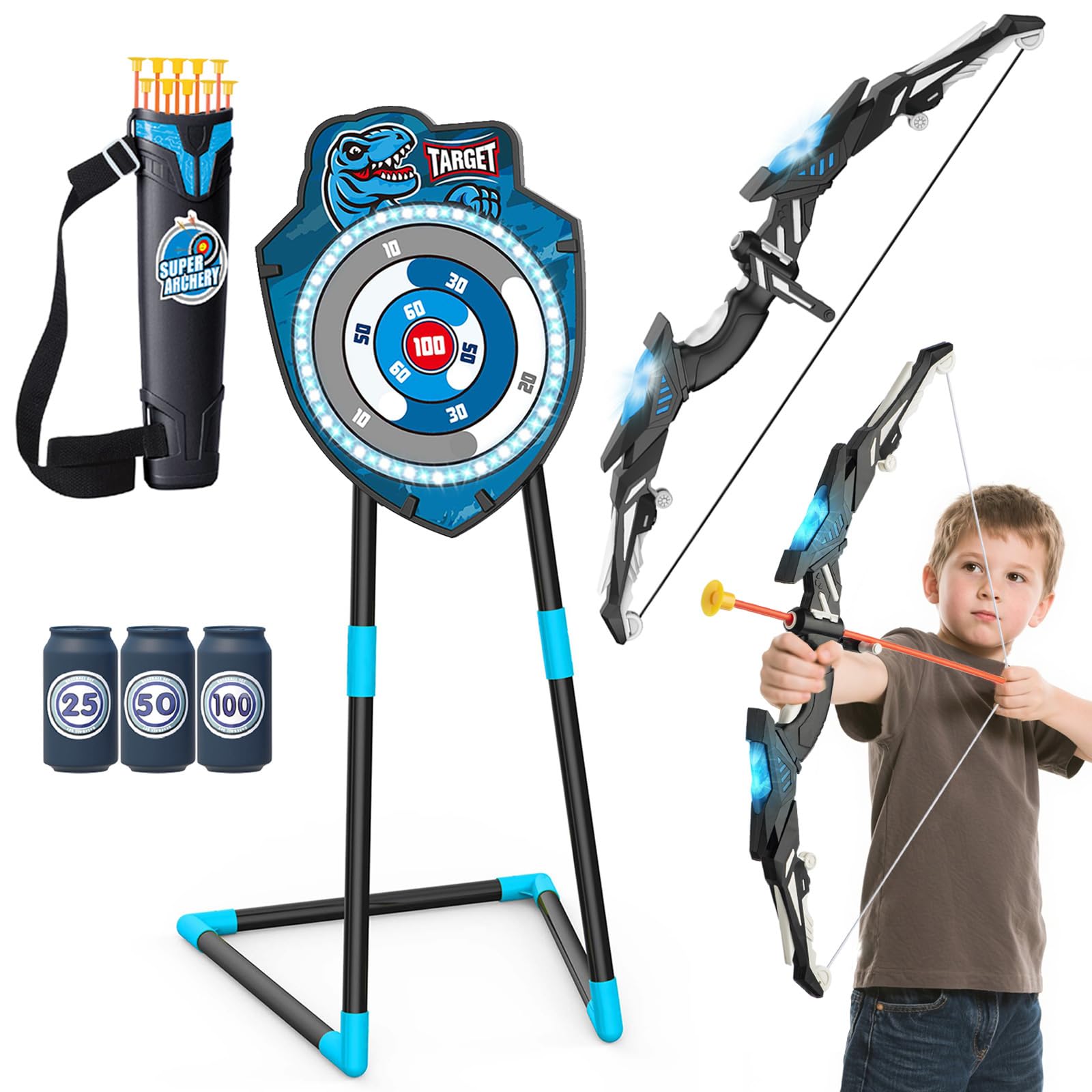 VROGTIK Kit de tir à l'arc à LED avec arc et flèches pour enfants de 4 à 12 ans, jouet de sport de plein air, garçons et filles