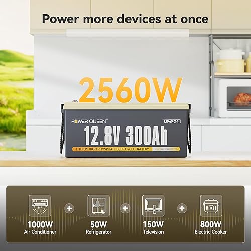Miniatura 3 de Power Queen Batería LiFePO4 de 12.8 V 300 Ah 3840 Wh, BMS integrado de 200 A, batería de litio de 2560 W de salida de potencia, hasta 15000 ciclos