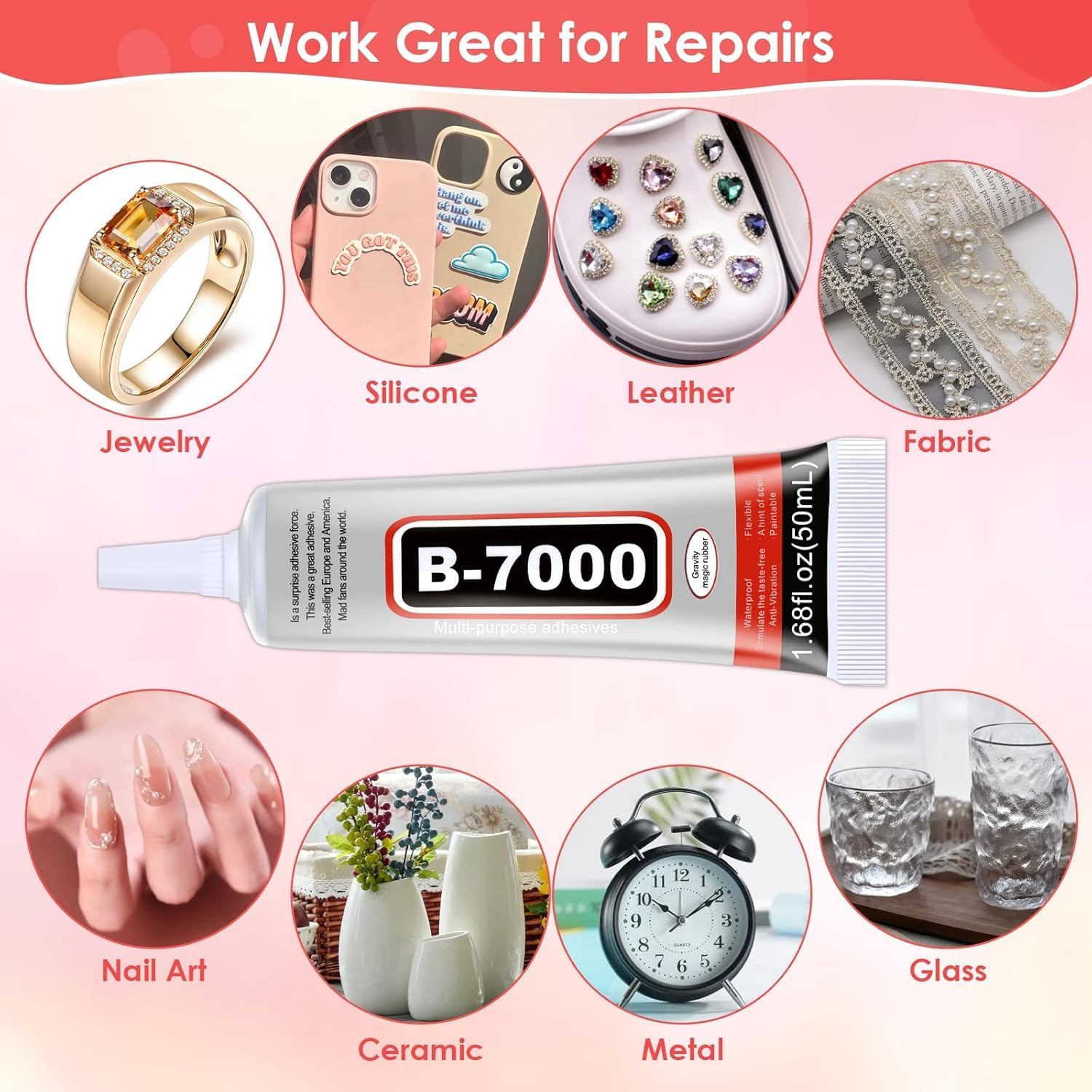 KACHKIT B-7000 Clear Adhesive Glue for Rhinestone Crafts, Jewelry, Fabric, and Screen Repair - High Viscosity Multi-Purpose Glue (50ML / Pcs-2). 2