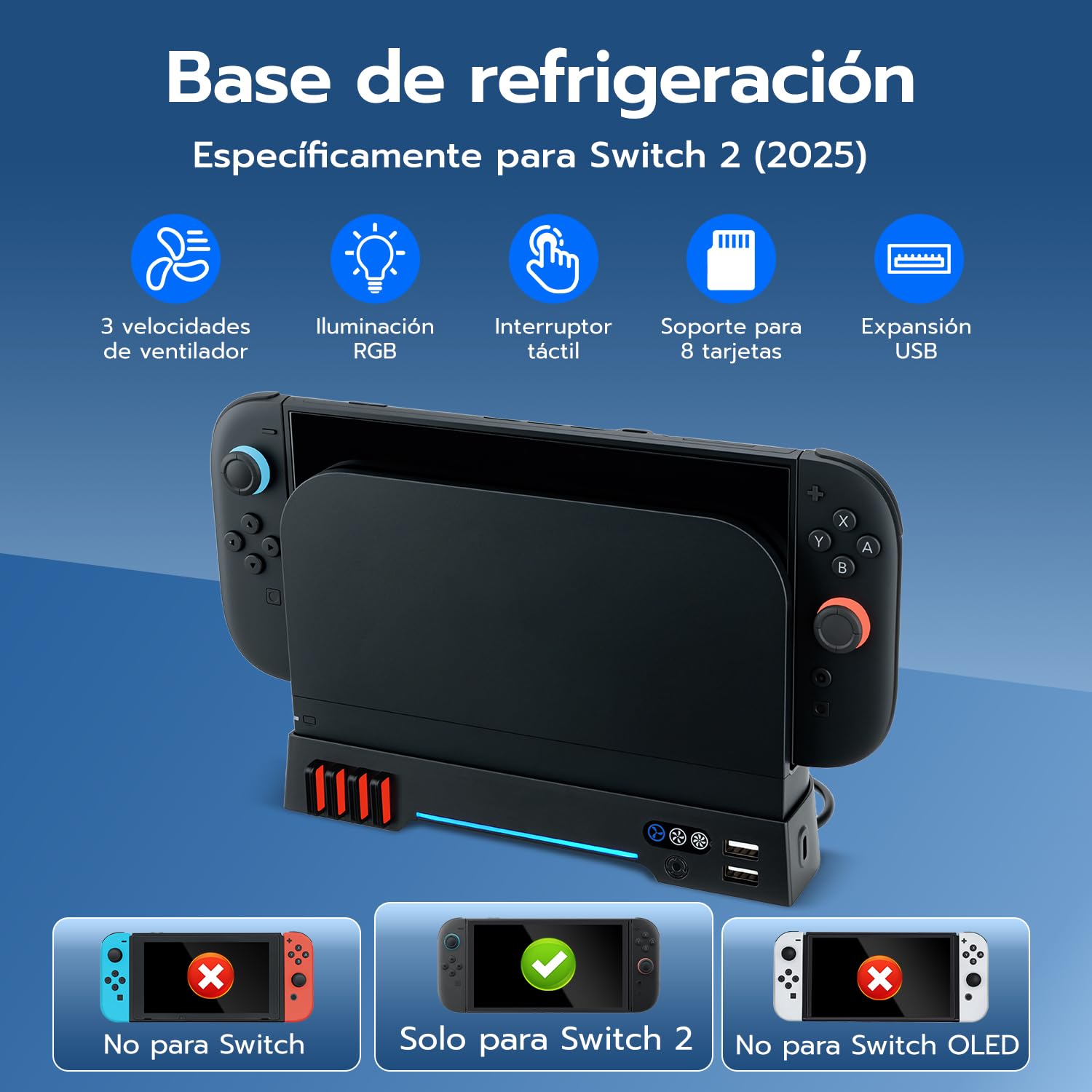Mcbazel RGB Ventilador de Enfriamiento para Nintendo Switch 2 Dock, Ajustable 3 Velocidades Soporte con Luces RGB para Almacenamiento de Tarjetas de Juego con Puertos Carga par Switch 2 Consola