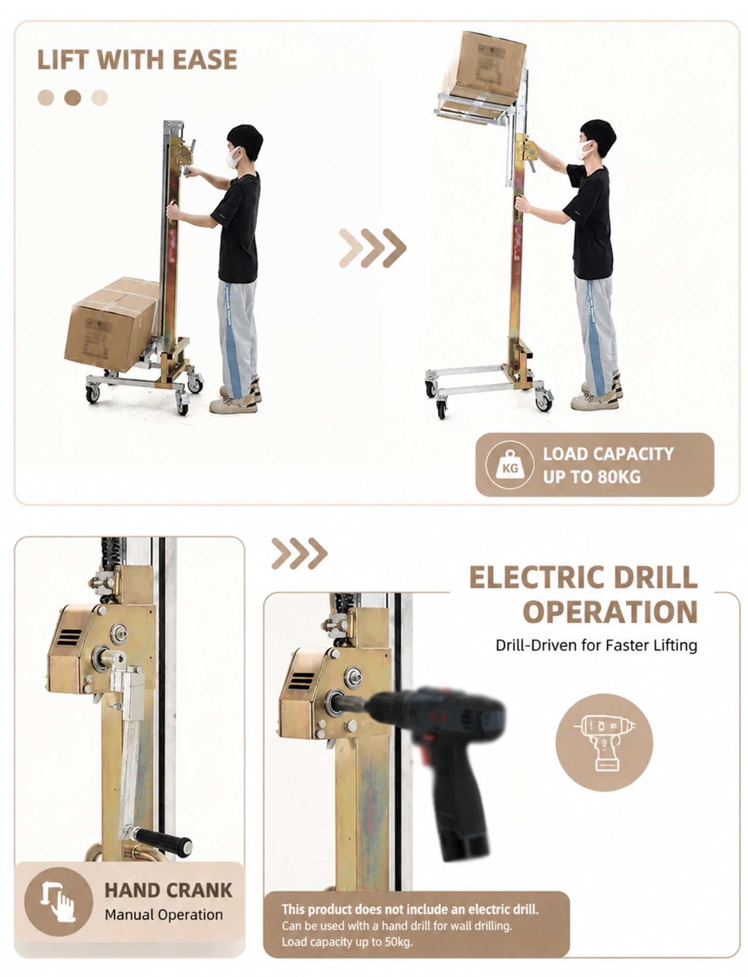 Tragbarer Materialhebewagen, manueller Schrankheber mit Seilwinde für Lager | Ein-Mann-Bedienung von Hebegeräten for die Montage von Deckenschränken und Trockenbauplatten(C Two wheels 240 cm/7.87 ft)