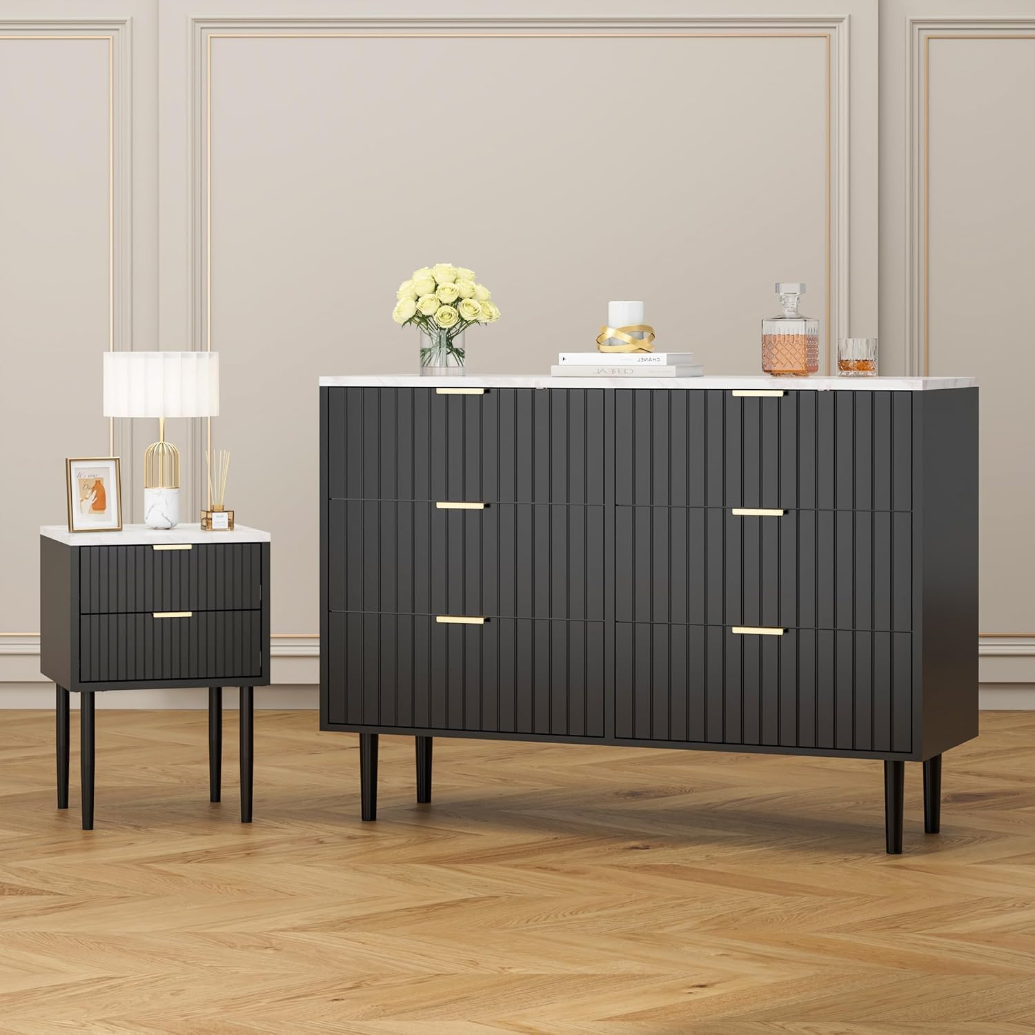 UEV 3er-Set Schlafzimmermöbel, Kommode mit 6 Schubladen und 2er-Set Nachttisch, Schlafzimmermöbel-Set in Marmor Optik, für Wohnzimmer, Schlafzimmer, skandinavisch, Schwarz