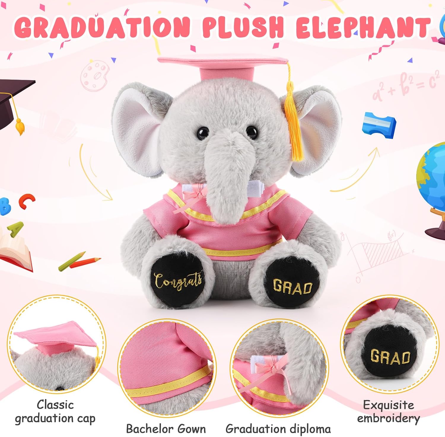 HyDren 10 Inch 2026 Graduation Elephant Plush Stuffed Animal Kindergarten Graduation with Diploma Tassel Cap Embroidery Blessing Preschool Kindergarten Gift for Friend Relatives(Pink)