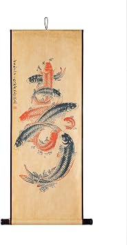 Koi Fish Wall Japanese Art Painting Poster, Feng Shui Yin Yang Paper Wooden Bar Framed Nine Fishes Zen Design for Home Entryway Asian Sushi Restaurant Decor Asian feng shui, Large 17x33inch