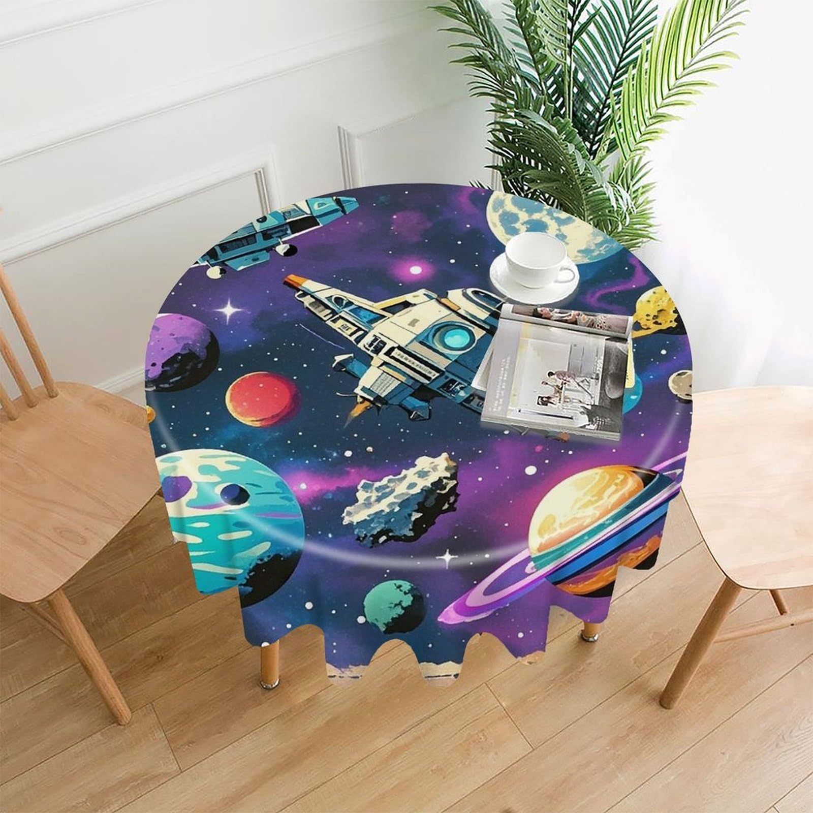 FekiLoot Retro Space Theme Tablecloth Decorative Round Table Cloth Wrinkle Resistant Washable Circle Table Cover Round Tablecloth for Picnic Party Camping Dining 60 Inch