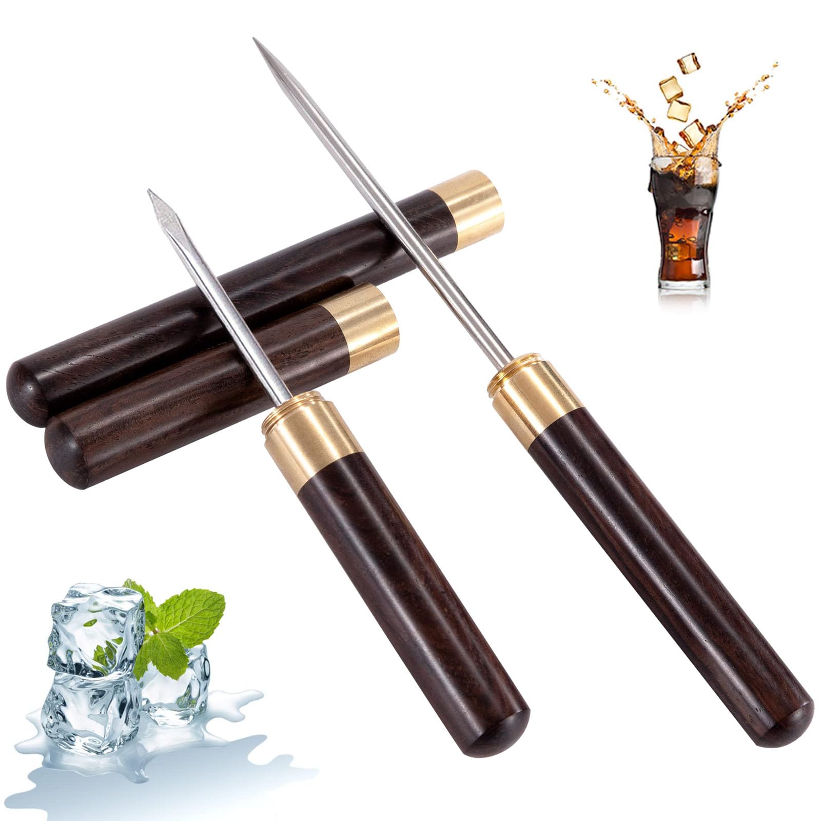 Pic à Glace en Acier Inoxydable, 2 Pièces Piolet Glace, avec Manche en Bois et Couvercle, pour Les Bars, Les Cuisines, Les Restaurants, Les Bars, Les Barmans à Domicile, Marron