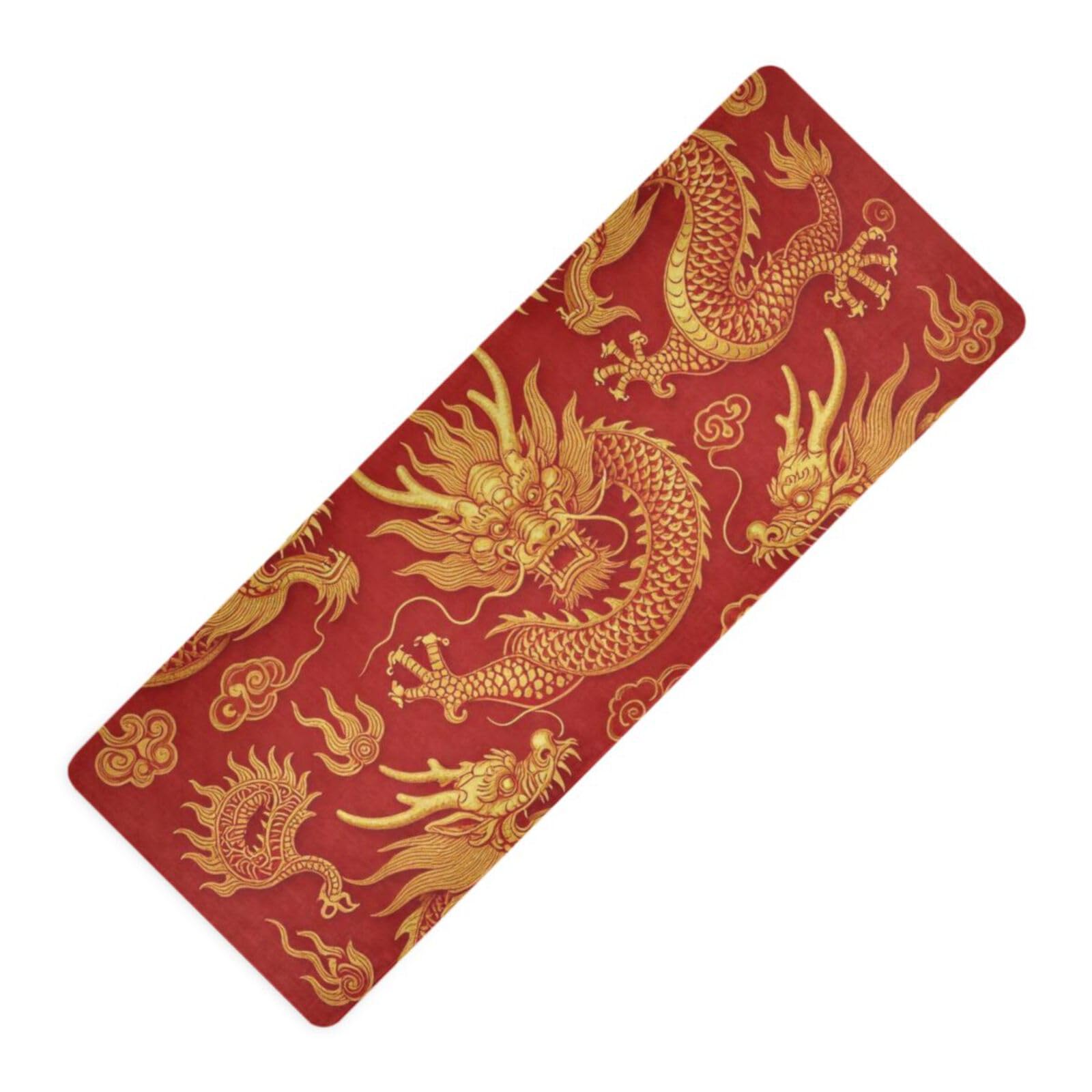 Alfombrillas de yoga impresas de lujo con diseño de dragón chino dorado y rojo, grosor de 1 mm de grosor, antideslizante, con bolsa de yoga para ejercicio, 180 x 66 cm
