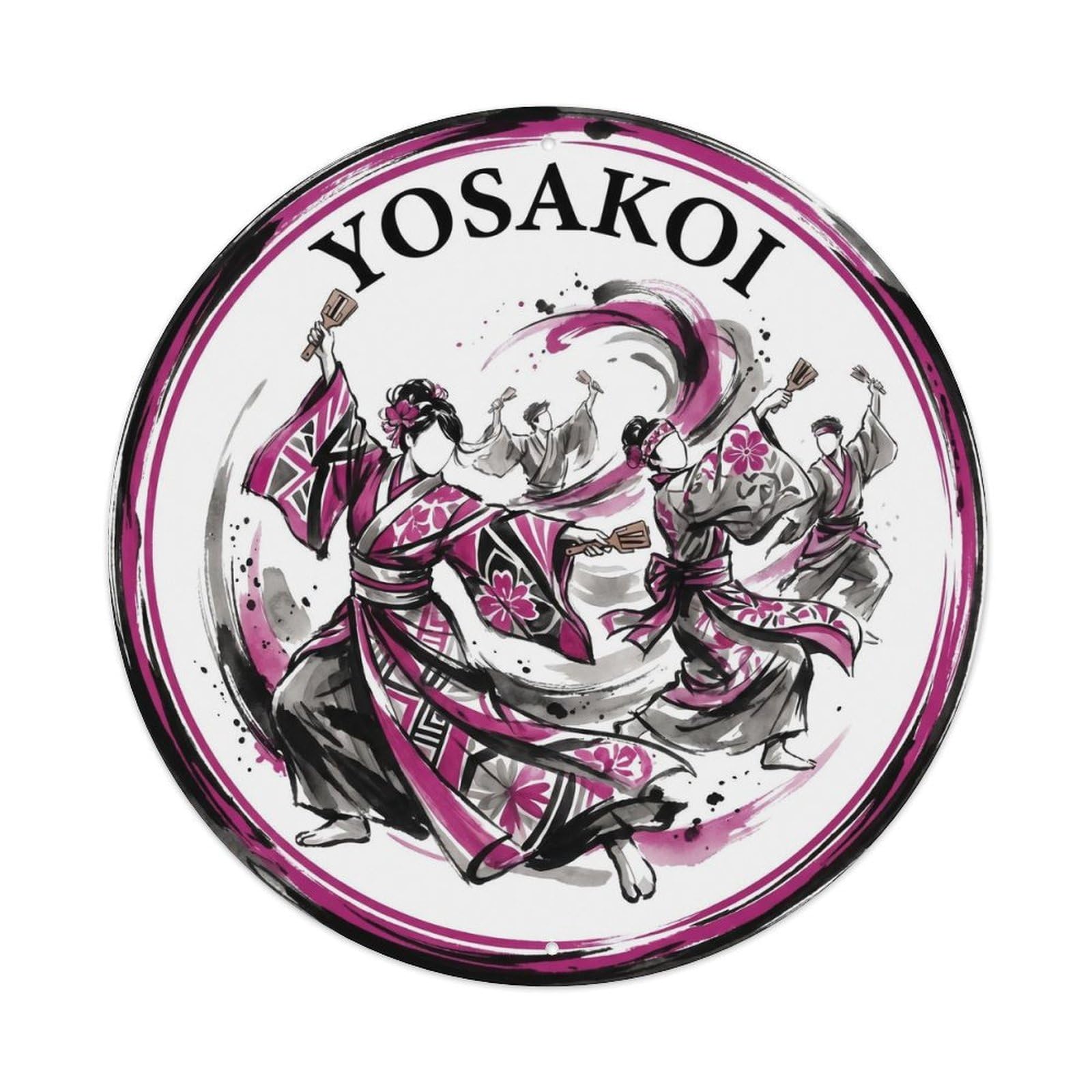 Olyhtr 8X8inch Classic Style Matsuri Yosakoi Dance Ink Wash Magenta Black Metal Tin Sign