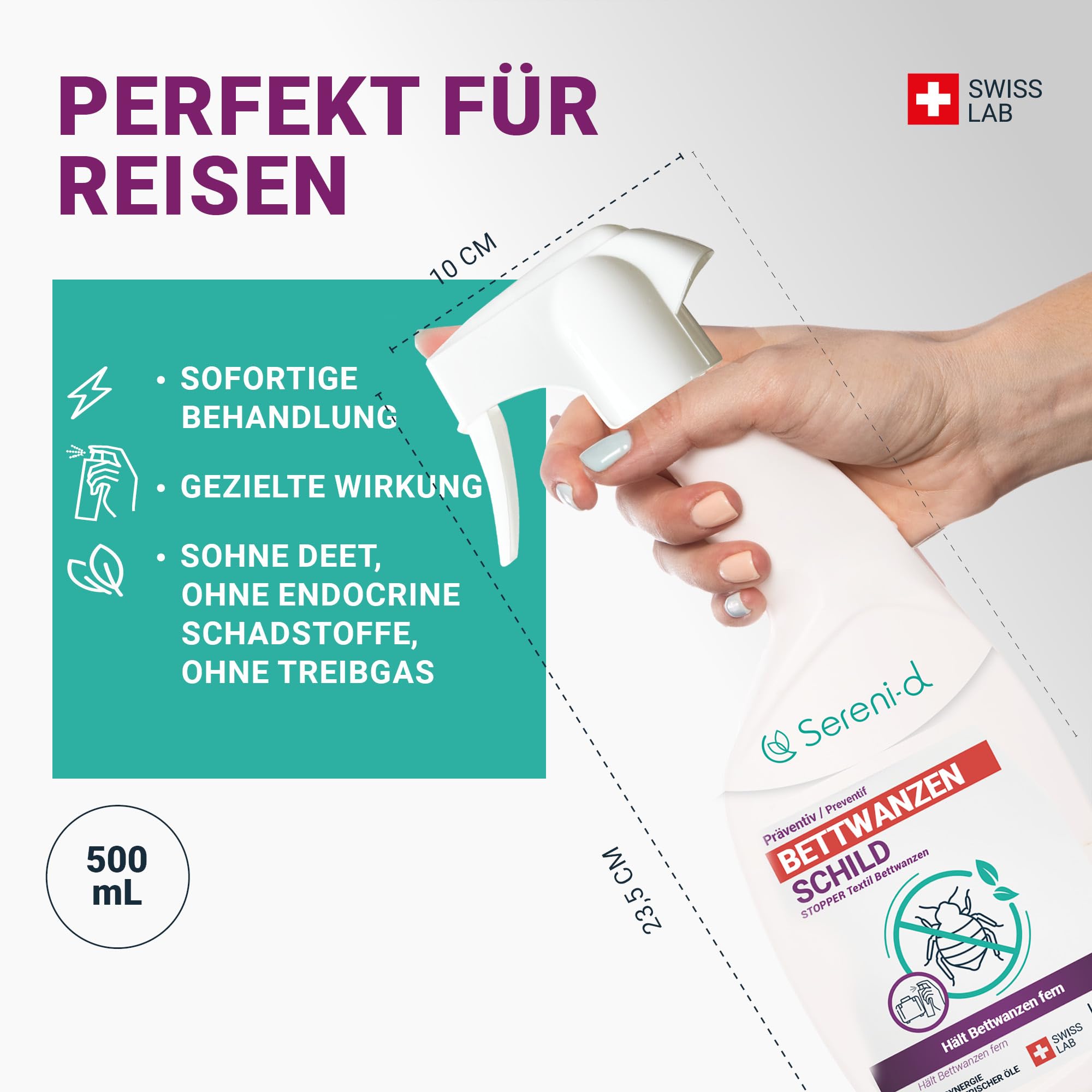 Sereni-d Anti-Bettwanzen-Spray 500 ml – Abwehrspray gegen Bettwanzen – Hochwirksam und im Labor getestet – Swiss Lab