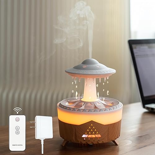 Difusor de Aceite Esencial 350ML Difusor de Aromaterapia UFO Gota de Lluvia Humidificador de Niebla Fría con 7 Luces LED de Colores, Control Remoto,
