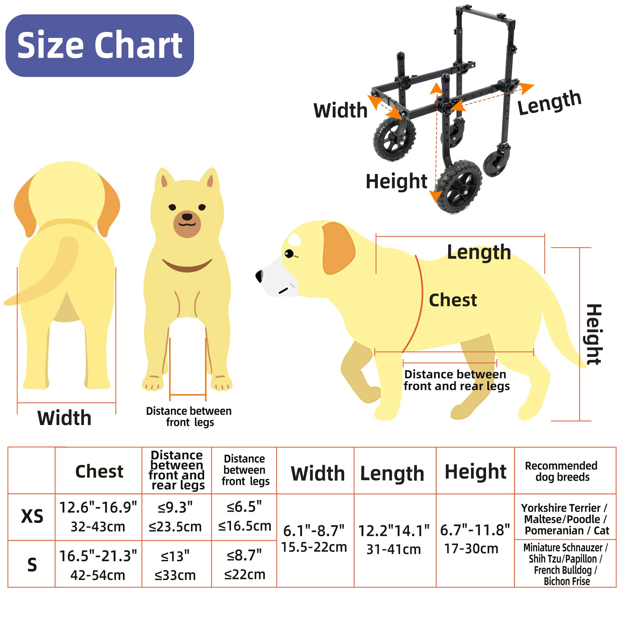 Sedia a rotelle a 4 Ruote per Cani disabili e Anziani, Regolabile, per la Mobilità degli Animali Domestici, con Maniglia, Carrello per Sedia a rotelle per Riabilitazione Posteriore/Gambe (S)