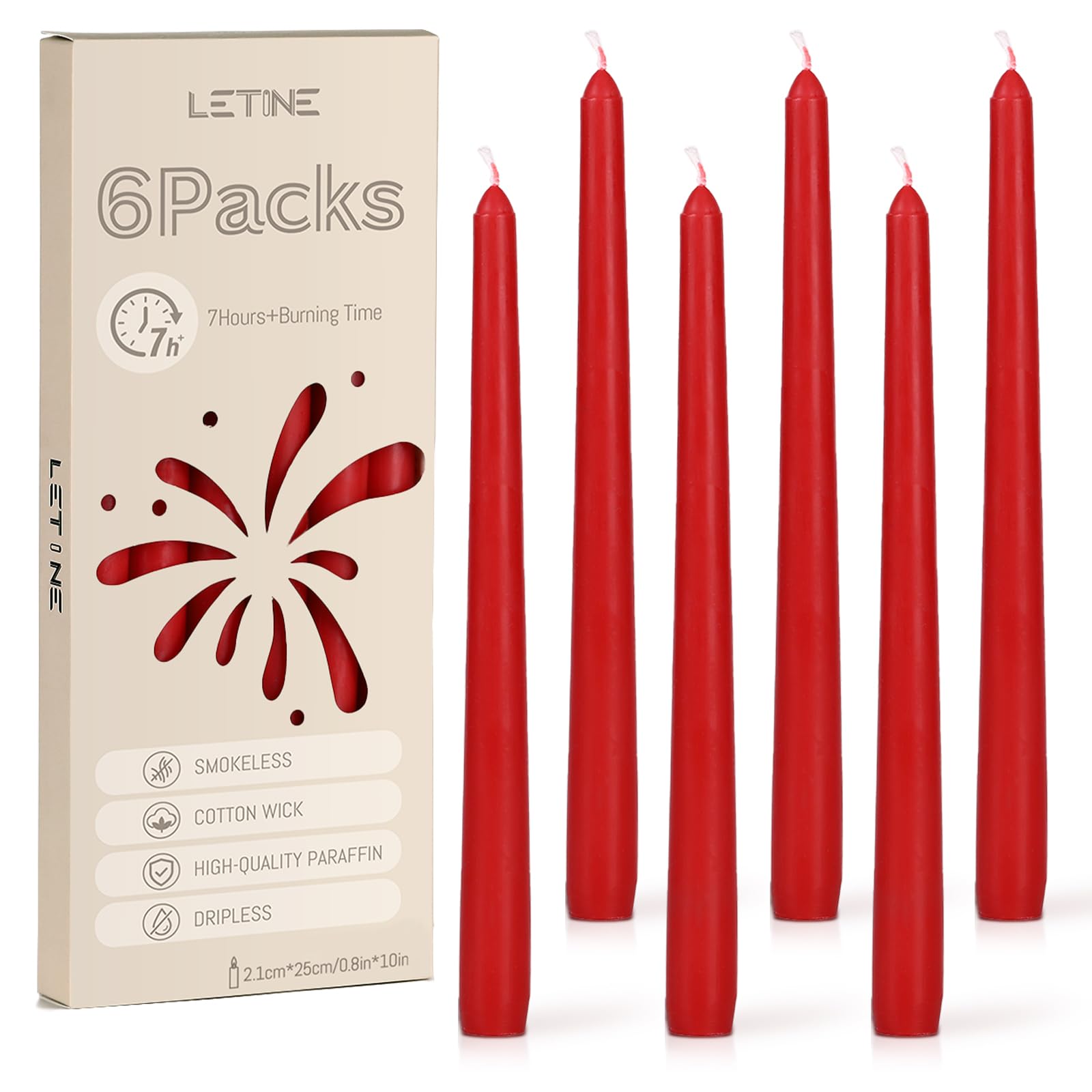 LETINE Pack of 6 Taper Candles, 7 Hour Candles, Red, 25 cm, Fragrance Free — image 1
