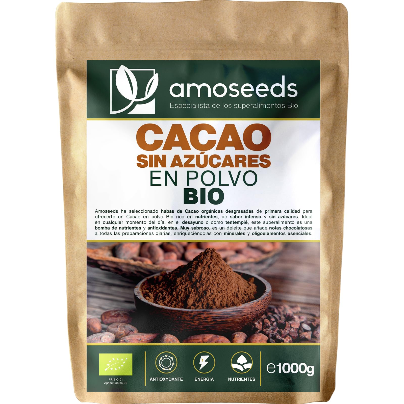Cacao sin Azúcares en polvo BIO | 100% Puro y Natural | Habas de Cacao desgrasadas Orgánicas | Intenso sabor a chocolate | Primera Calidad