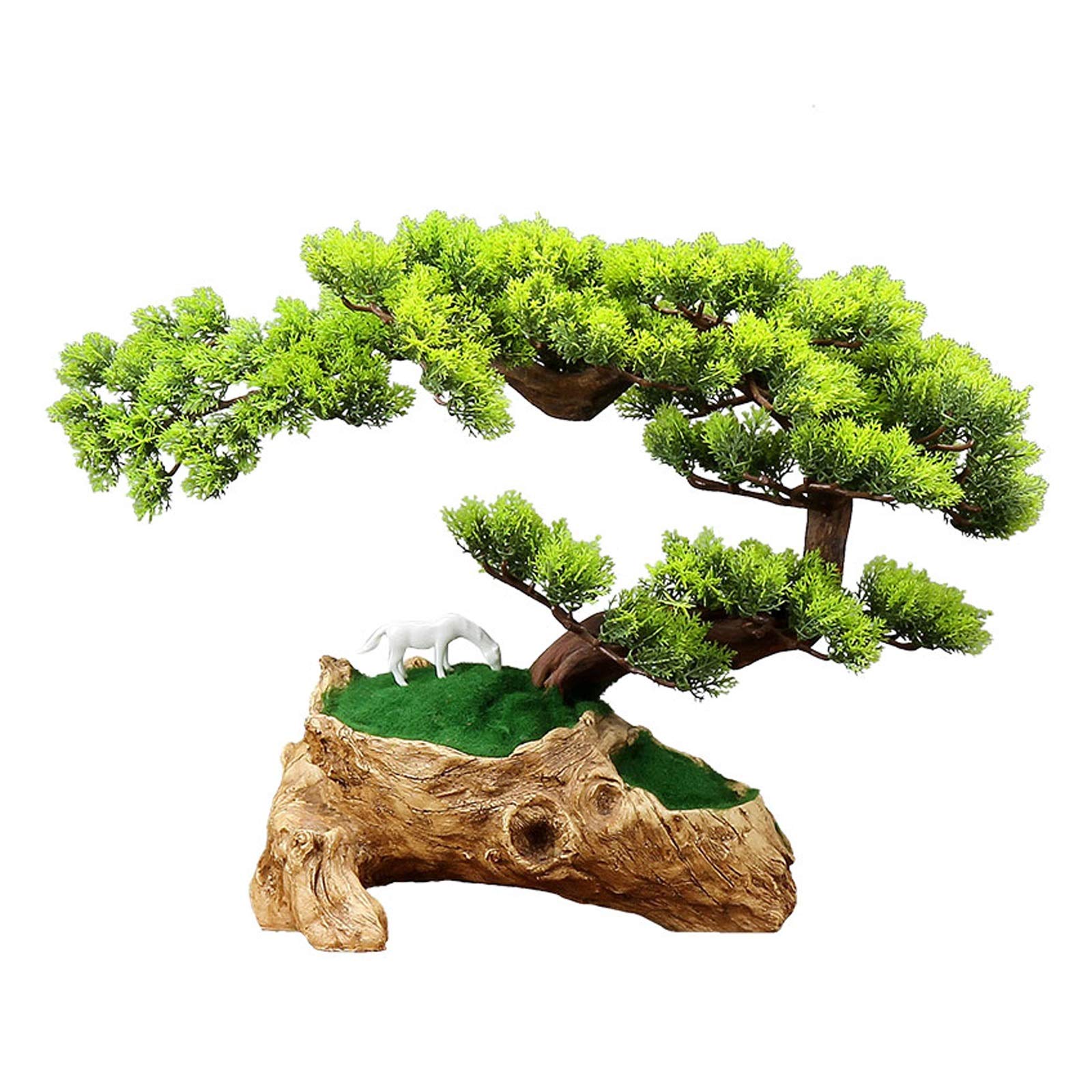 Aioneer Fake Plants/Faux Plants Cypress Bonsai In Root Carving Base Emulate Simulation Decorative Artificial Tree Fake Plants White Ceramic Horse Sculpture Ornaments Zen Desktop