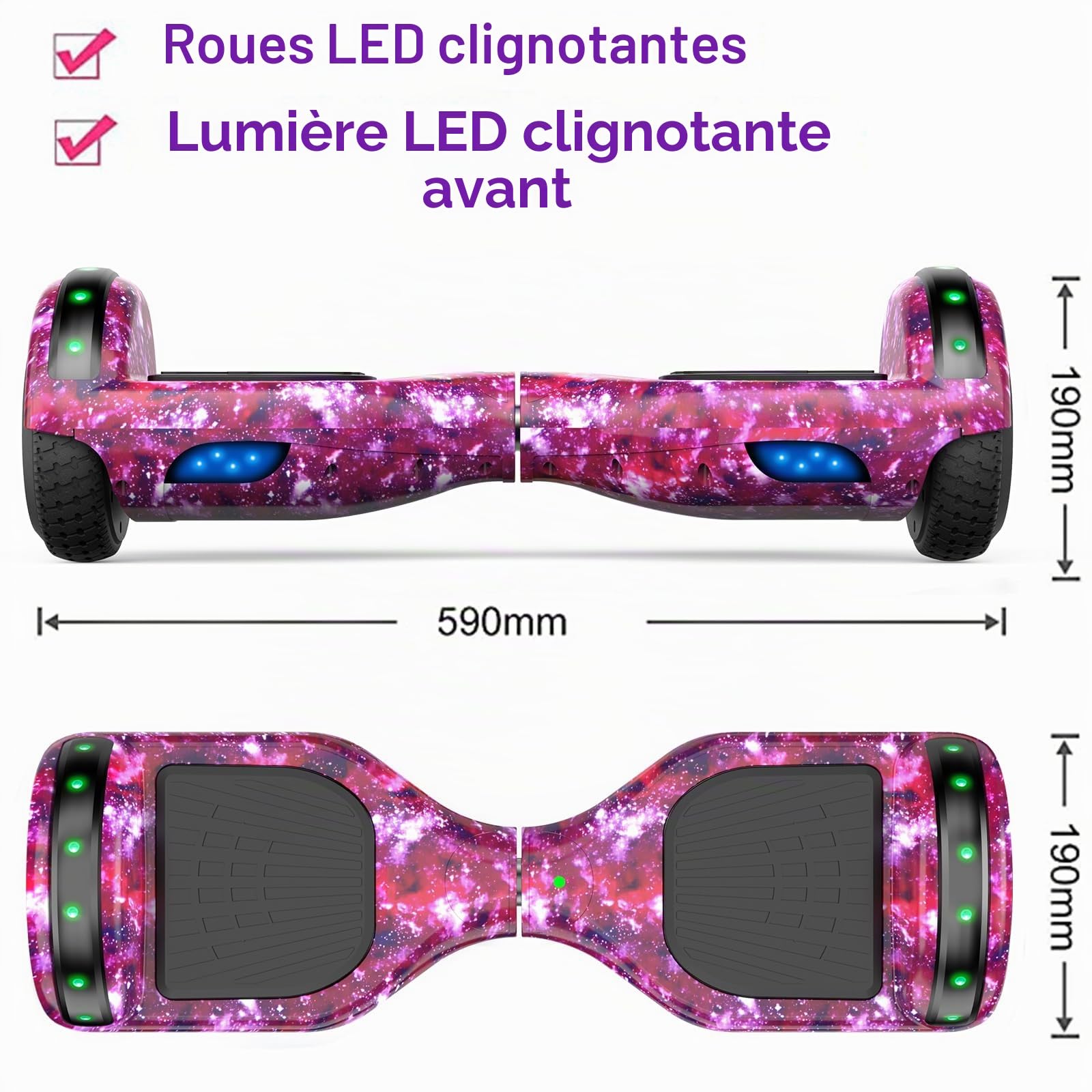 Hoverboard avec lumières LED, roues lumineuses LED, Hoverboard auto-équilibrant avec technologie d'équilibre actif, Ne comprend pas l'hoverkart