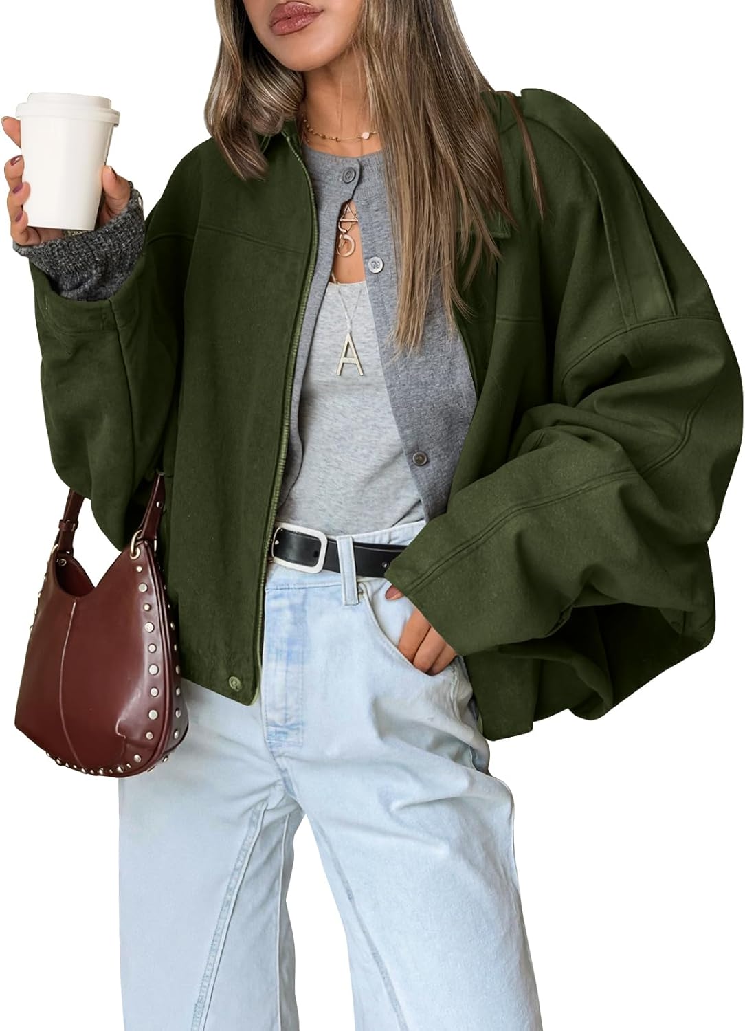 Trendy Queen Womens Faux Suede Bomber Jacket Fall Oversized Zip Up Cropped Jackets Winter Motorcycle Coat 2026