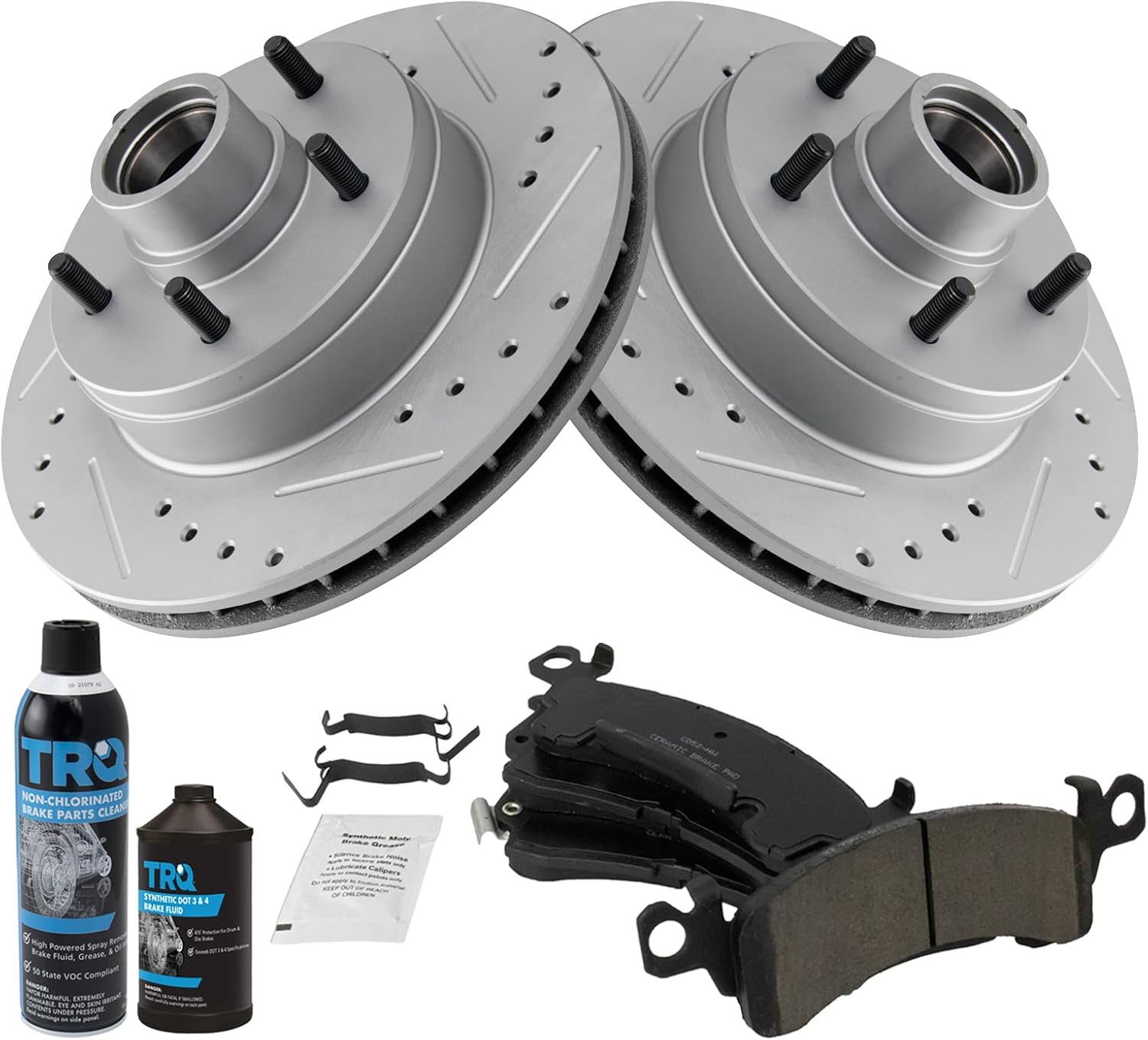 TRQ Front Ceramic Brake Pad & Performance Rotor Kit w/Chemicals Compatible with GM
