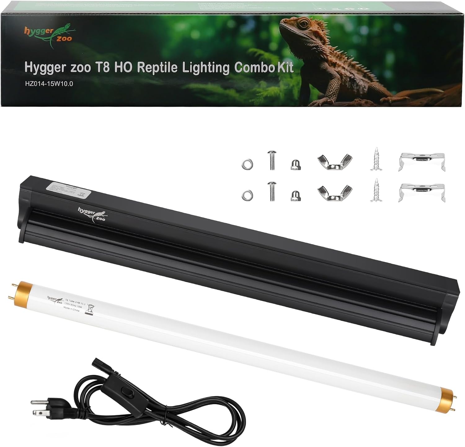 T8 UVB Reptile Light Fixture HO UVB Bulb Lighting Combo Kit, 10.0 UVB Light for Reptiles Terrarium Hood with 15W Reptile Light Bar UVA UVB Desert Lamp for Bearded Dragon Turtle Tank, 18Inch T8 15W 18Inch